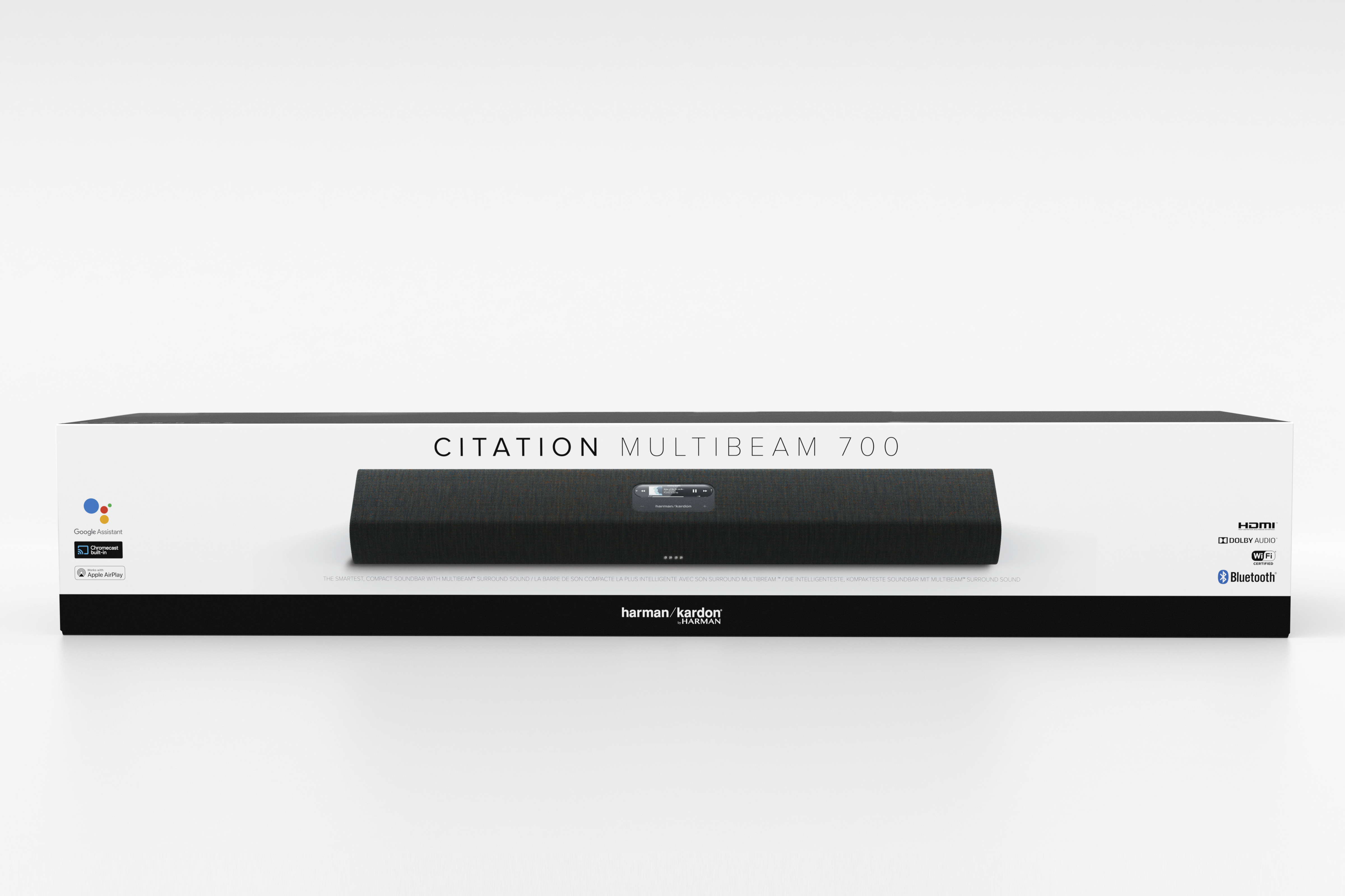 Schwarze Soundbar mit Text. Text: Citation Multibeam 700. Weißer Hintergrund.