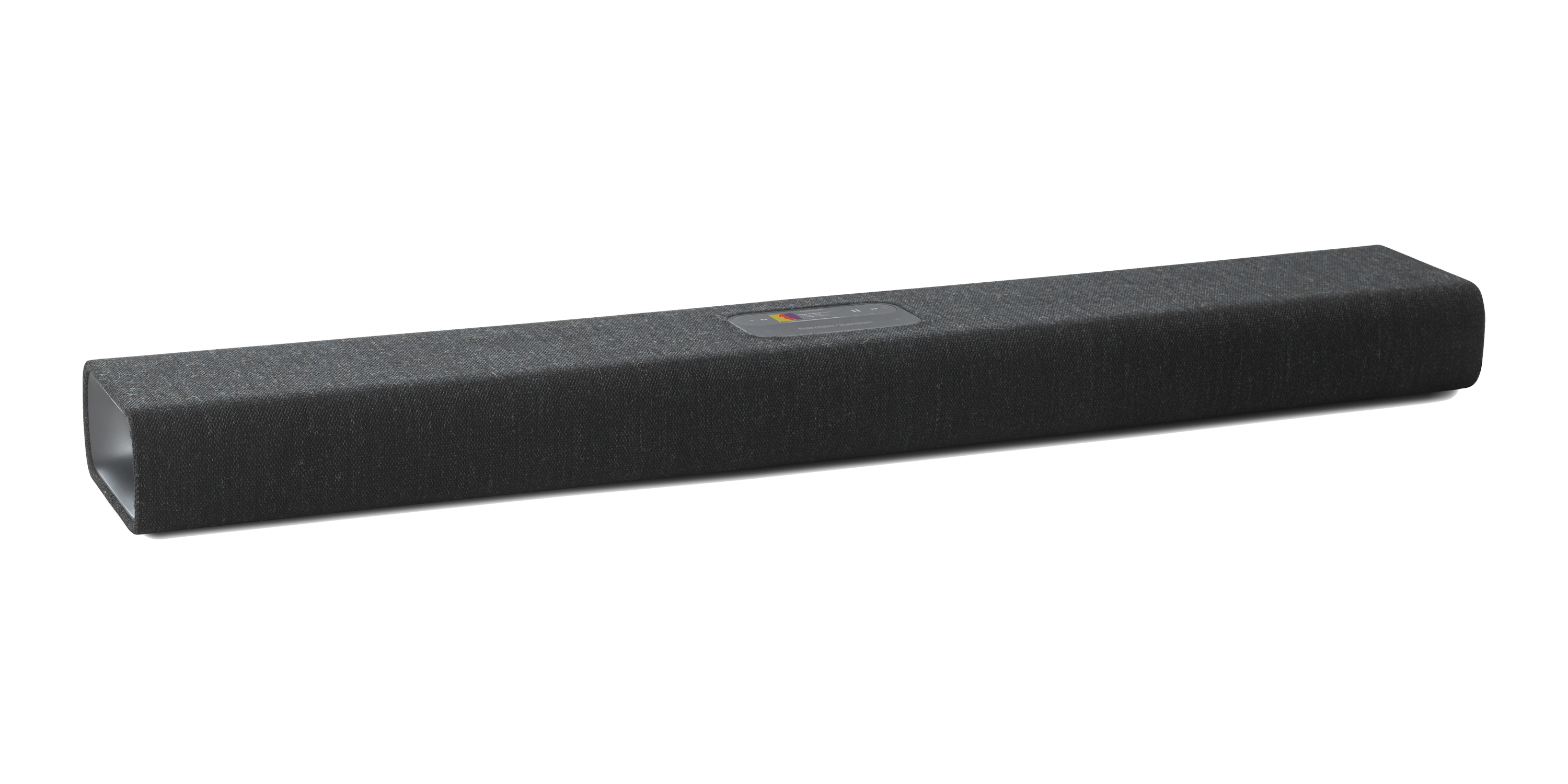 Schwarze Soundbar, lang und rechteckig, auf schwarzem Hintergrund, mit Logo in der Mitte.