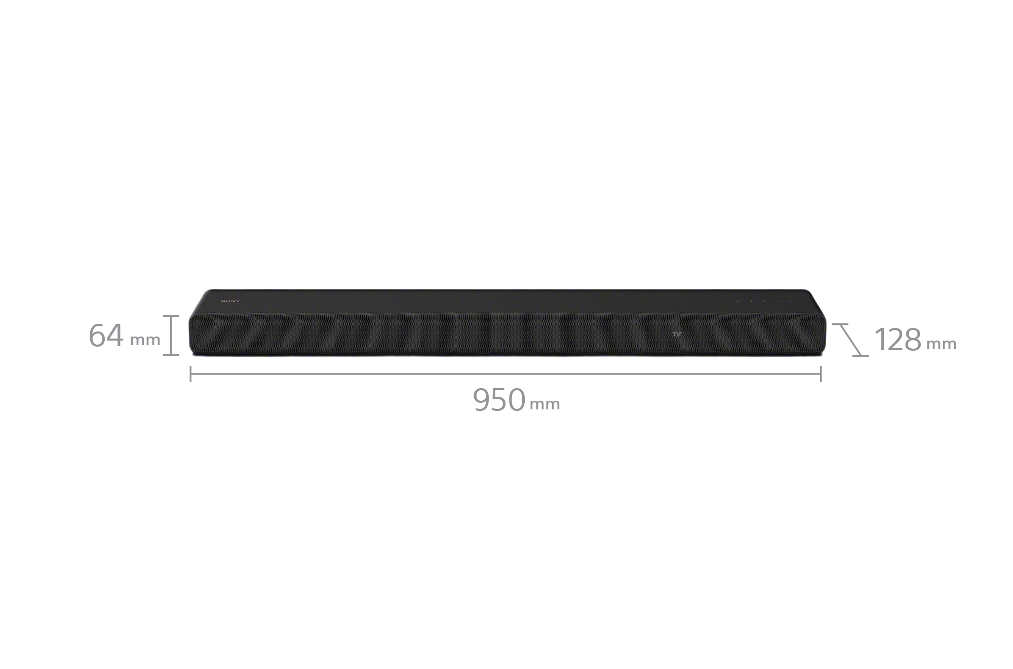 Czarny soundbar z wymiarami. Wymiary to 950mm x 128mm x 64mm.