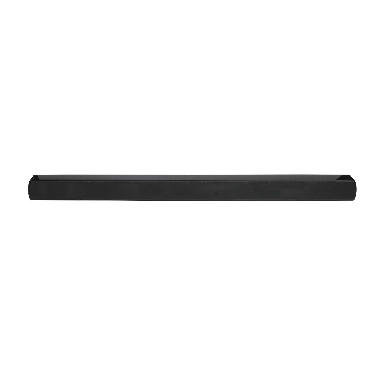 Eine schwarze Soundbar auf schwarzem Hintergrund. Sie ist dünn und rechteckig.