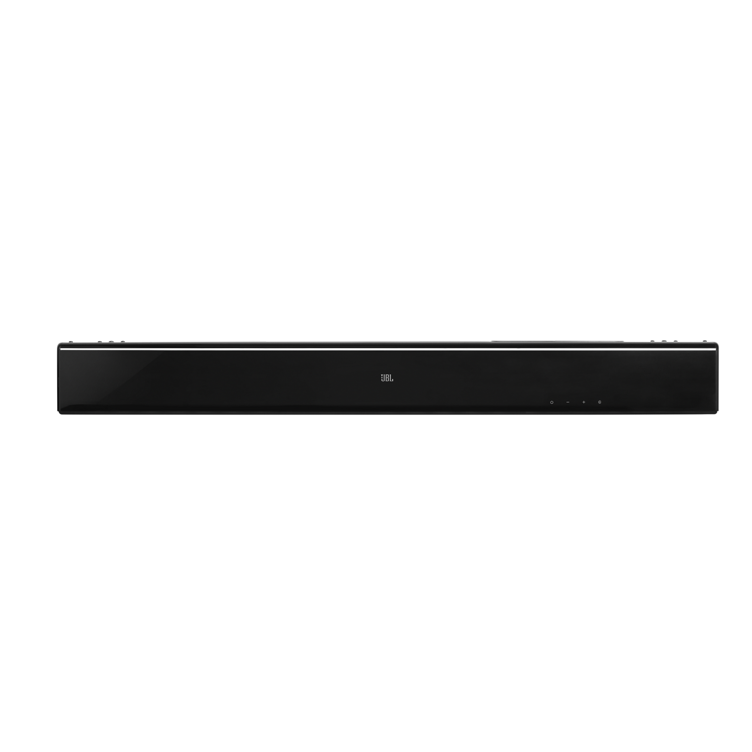 Eine schwarze JBL Soundbar, von vorne vor dunklem Hintergrund gesehen.