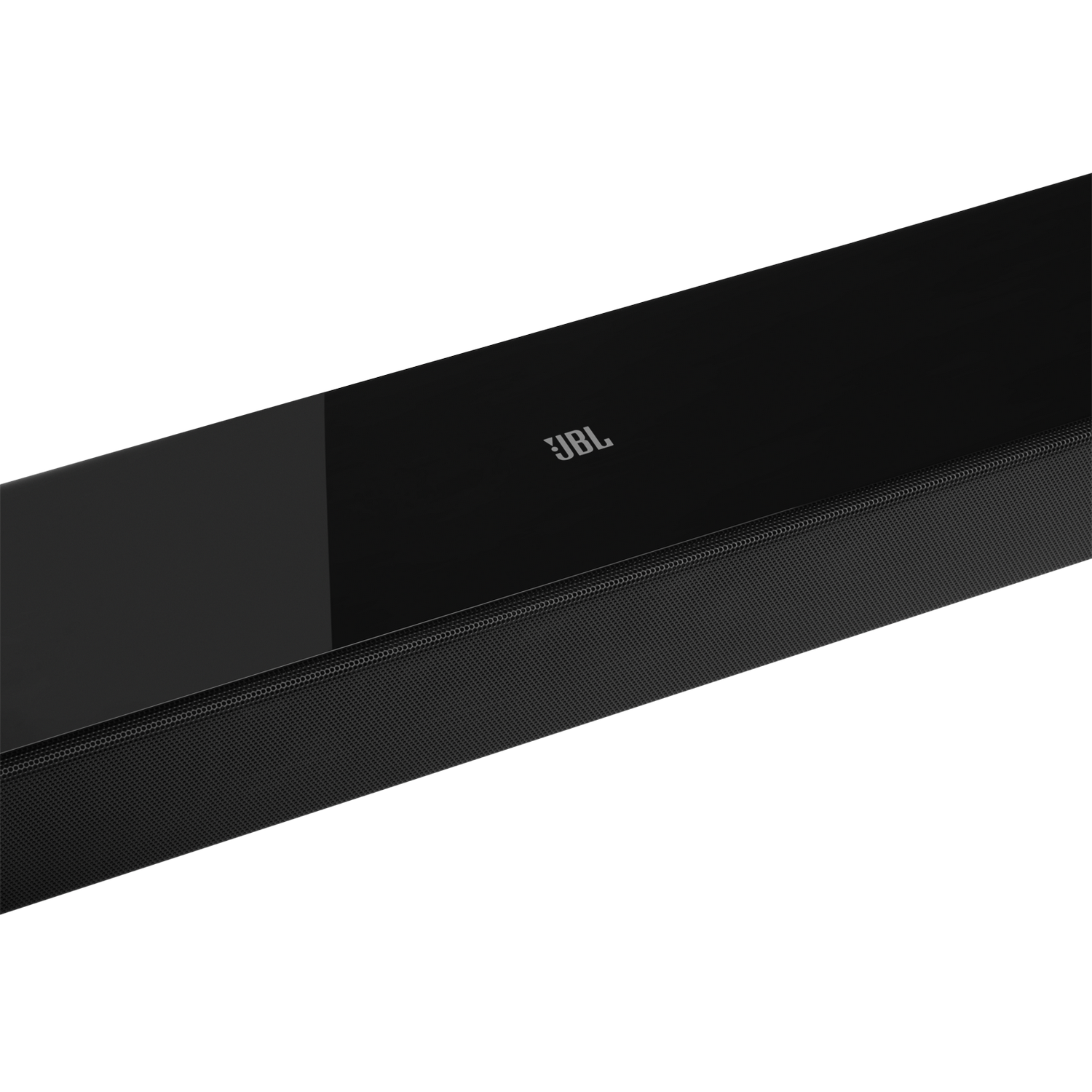 Schwarze Soundbar auf schwarzem Hintergrund mit JBL-Logo.