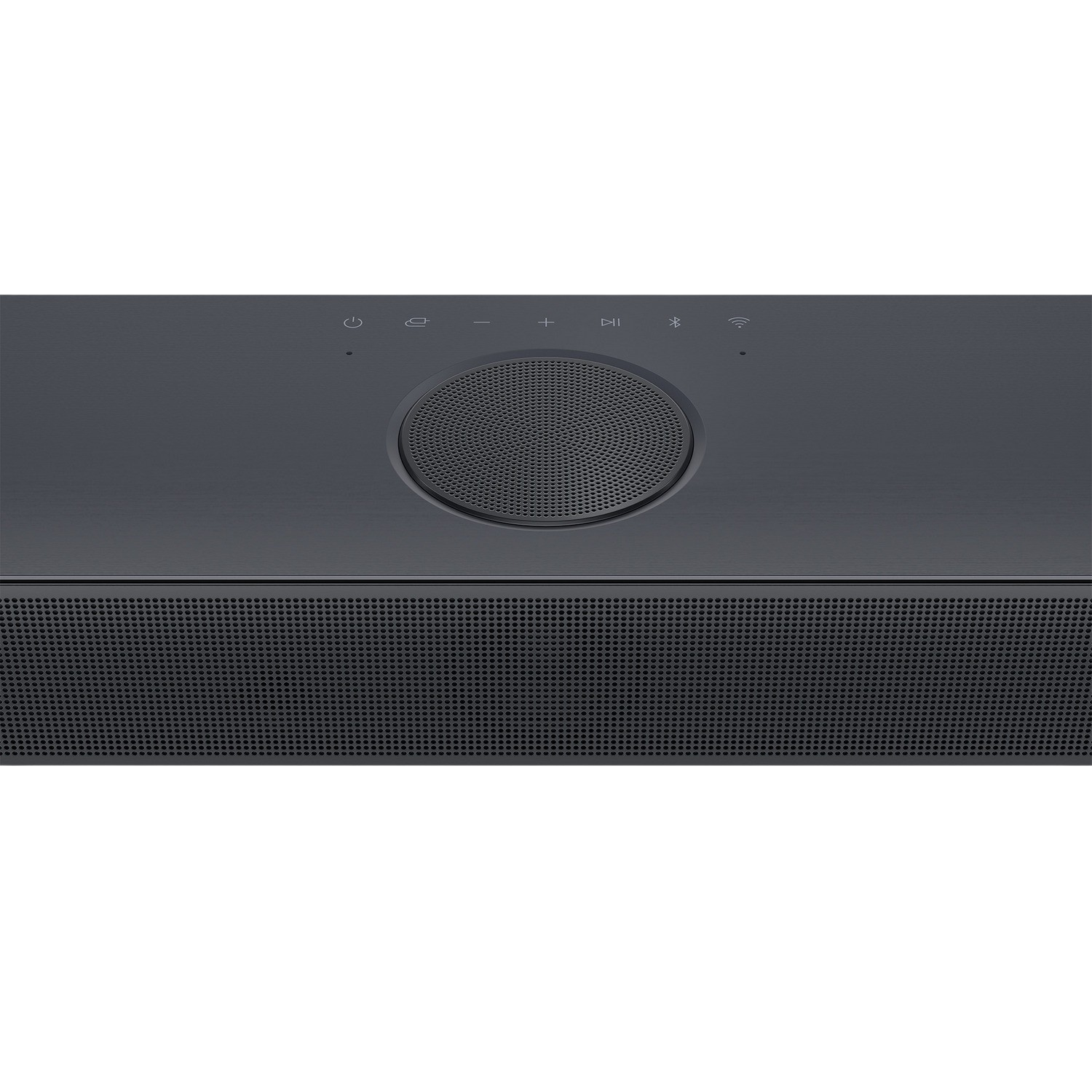 Ciemnoszary soundbar z centralnym głośnikiem i górnymi elementami sterującymi. Ma perforowaną kratkę.