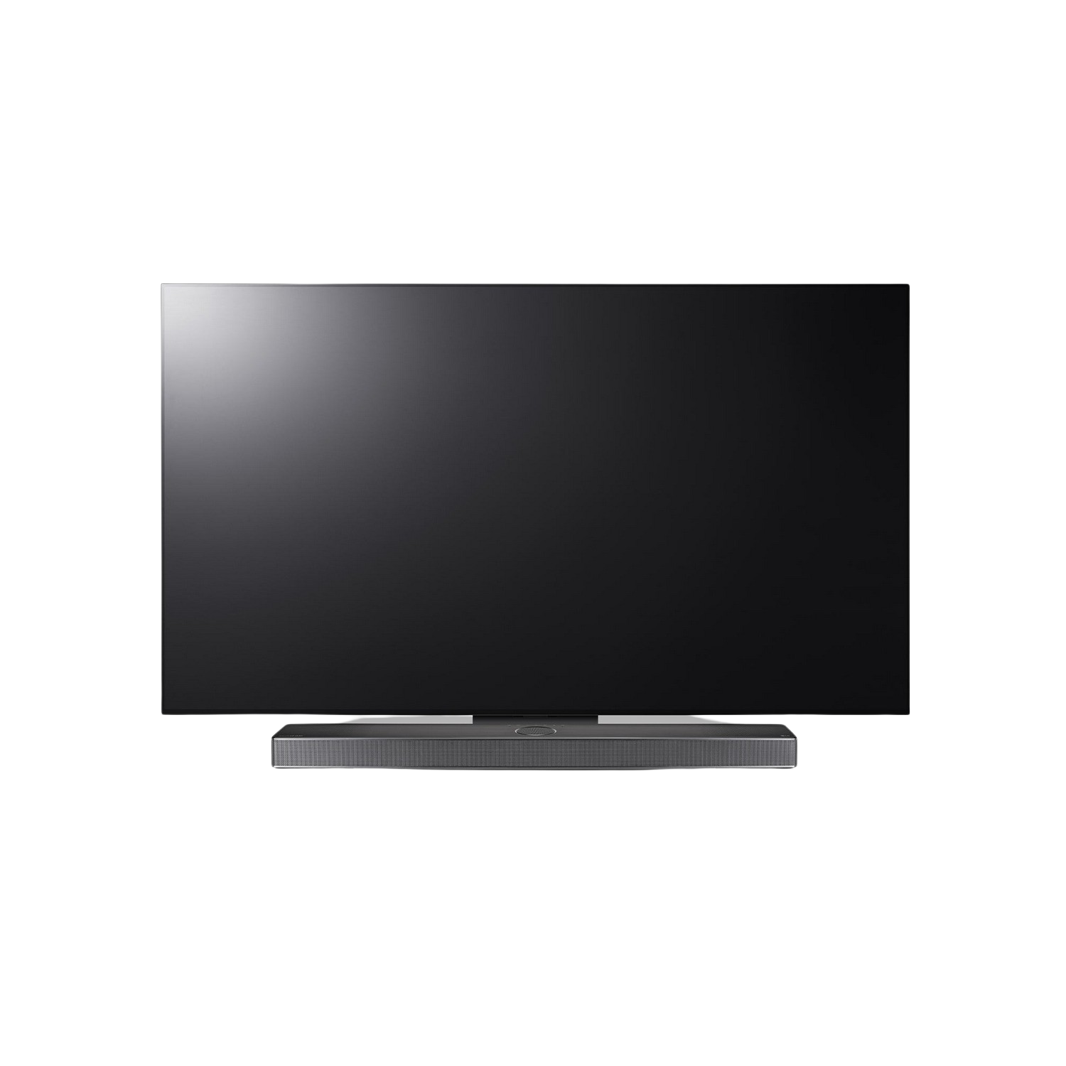 Duży, ciemny telewizor stojący na listwie dźwiękowej, na czarnym tle.