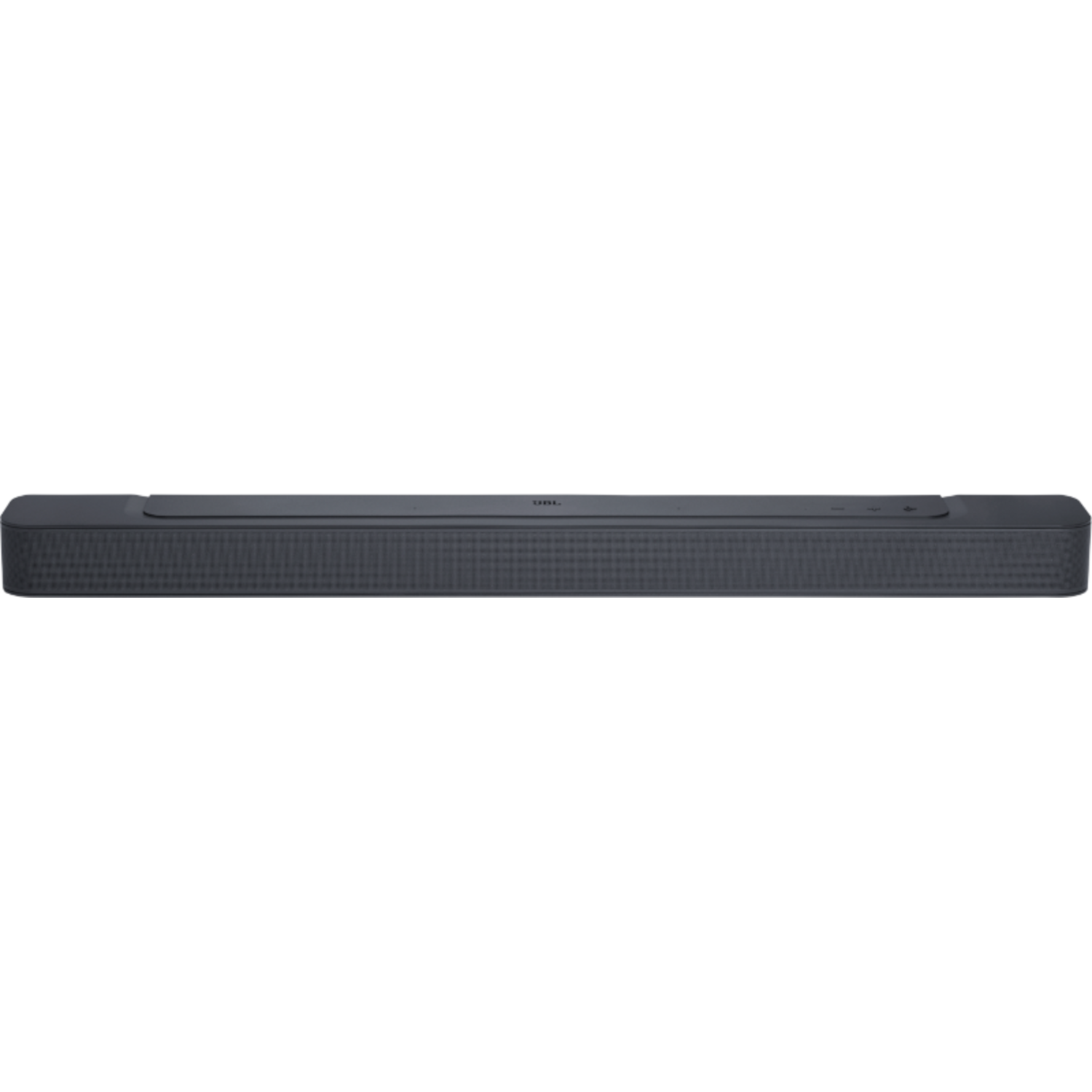 Soundbar nera su sfondo nero. Logo JBL. Barra orizzontale con parte anteriore in rete.