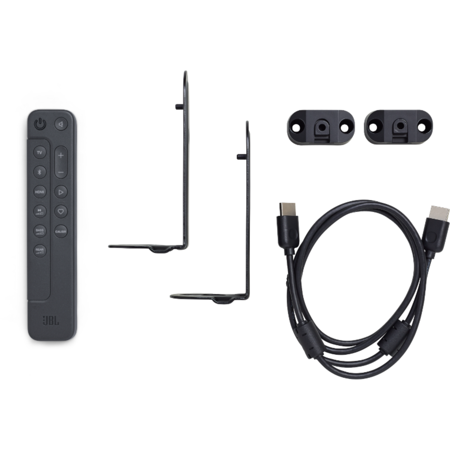 Componenti della soundbar JBL: telecomando, staffe, cavi e hardware di montaggio.