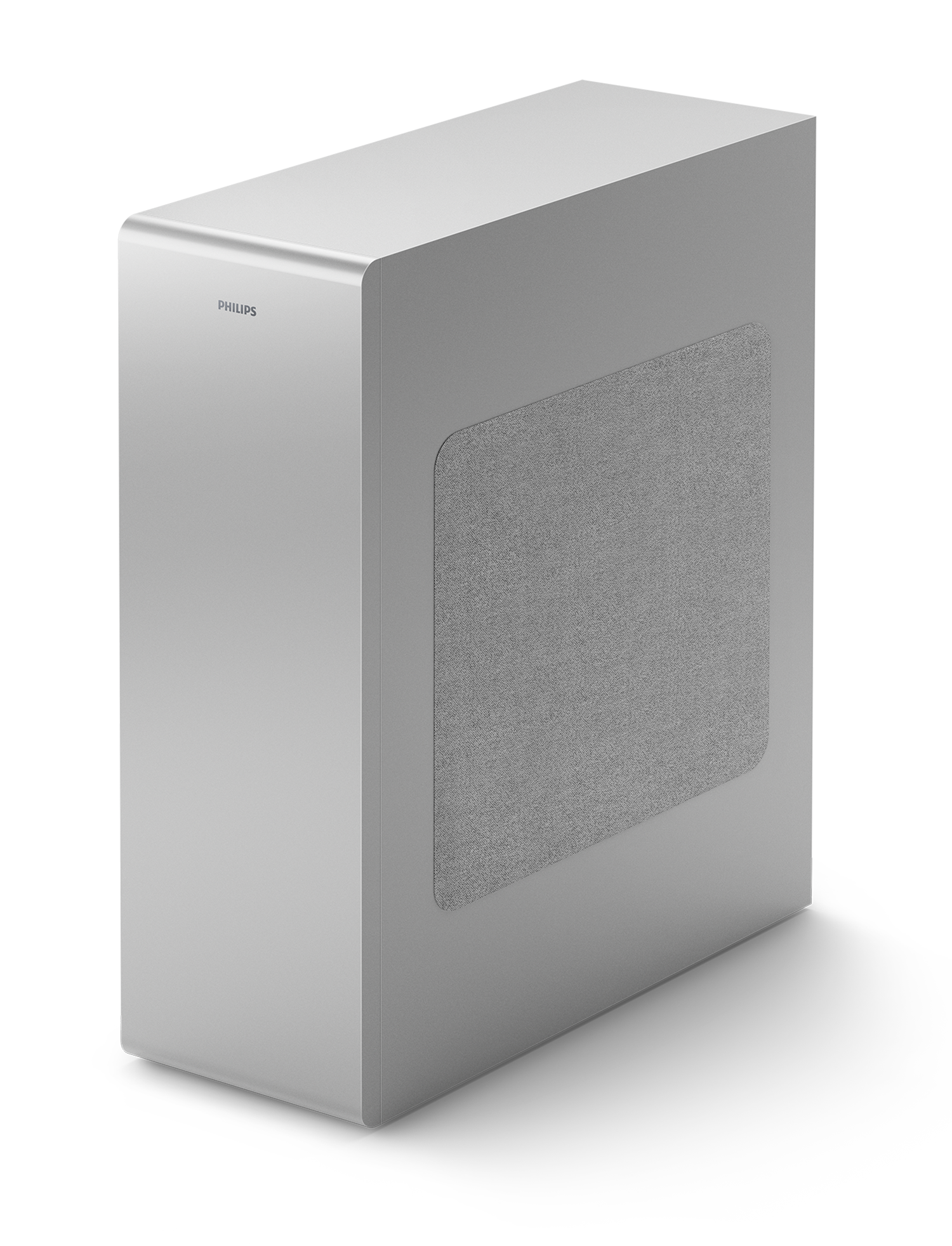 Weißer rechteckiger Soundbar mit einem grauen Mesh-Bereich.
