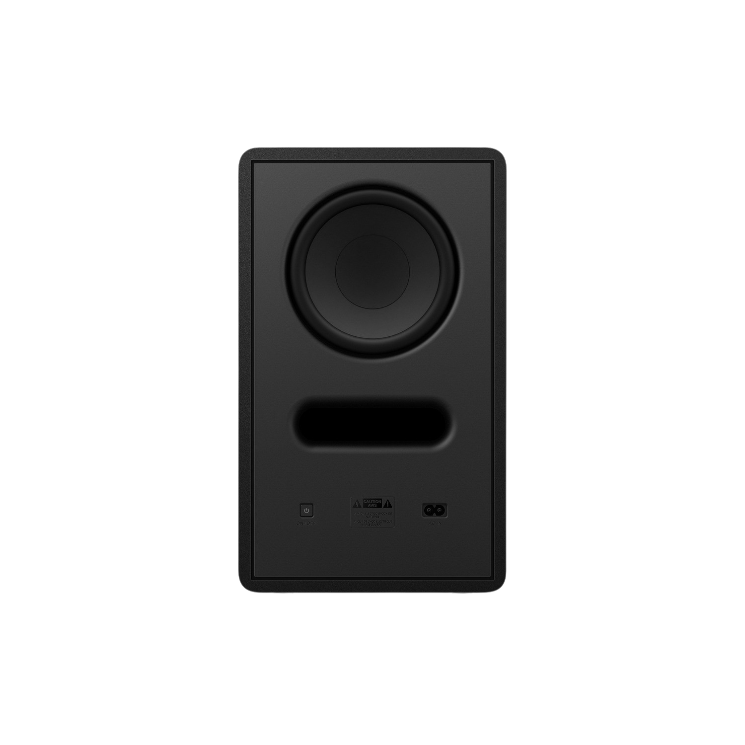 Un subwoofer nero con un altoparlante grande e un'area inferiore con controlli. Sfondo nero.