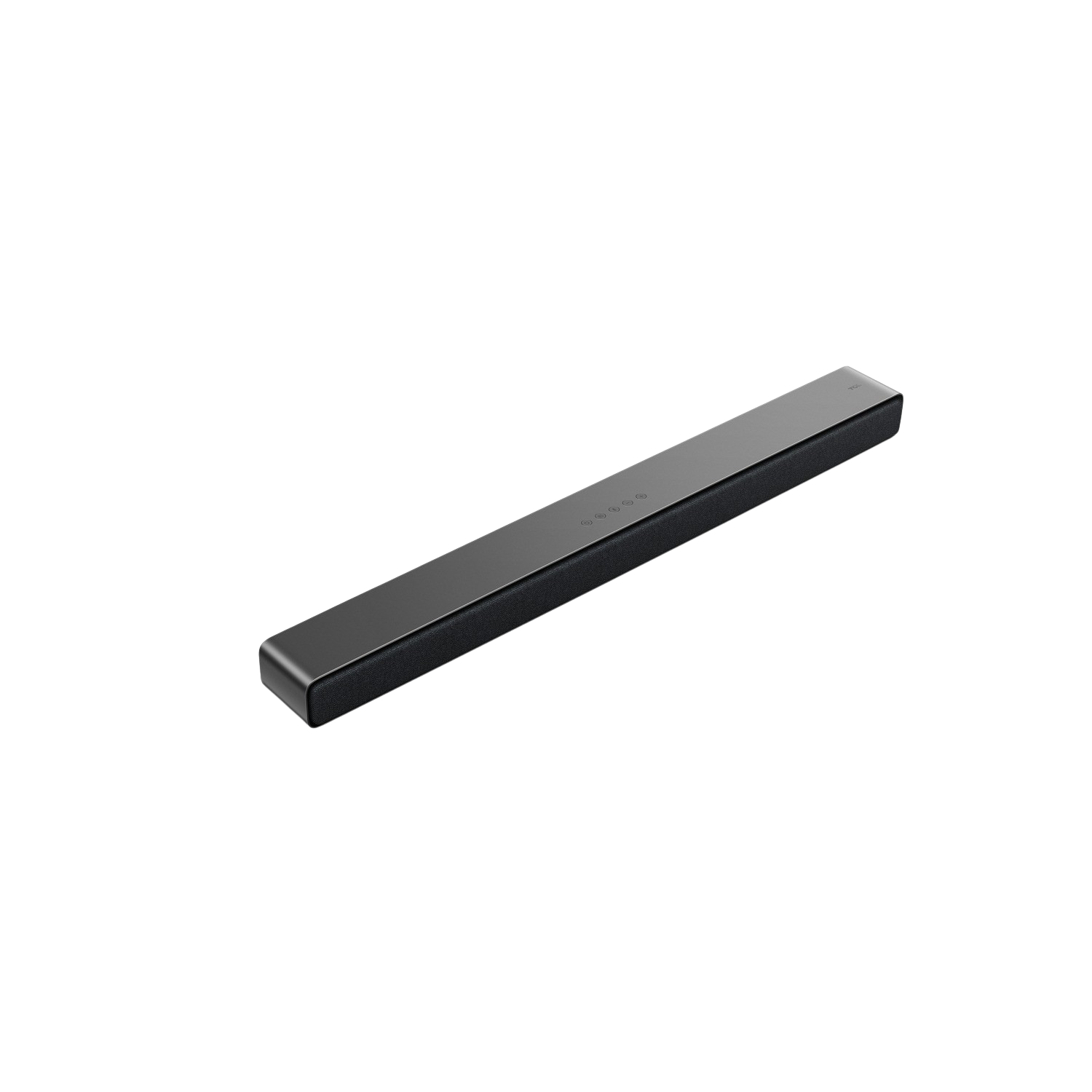 Una soundbar nera con una griglia per altoparlanti, isolata su sfondo nero.