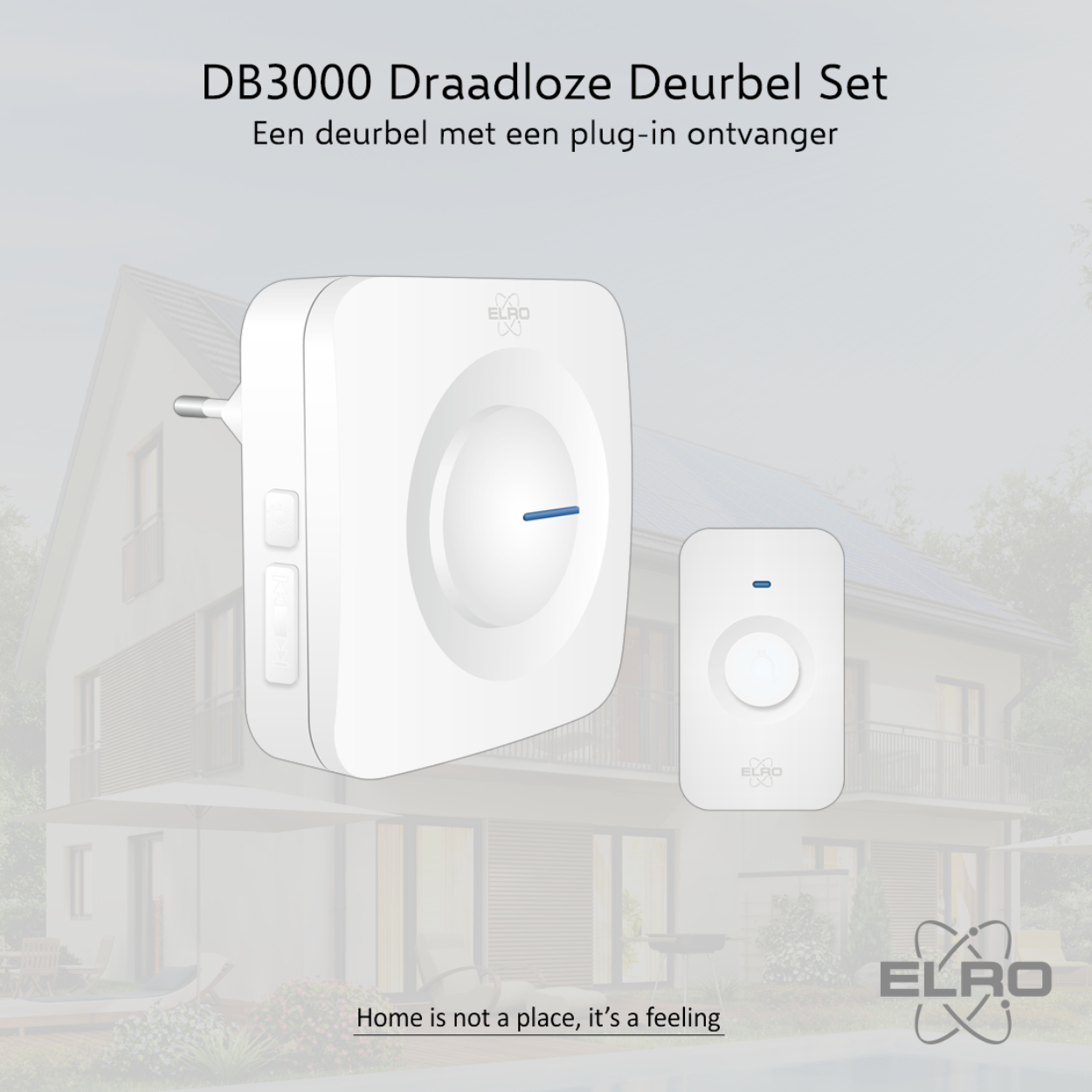 Kit campanello wireless bianco, con campanello e ricevitore, contro uno sfondo sfocato di una casa.