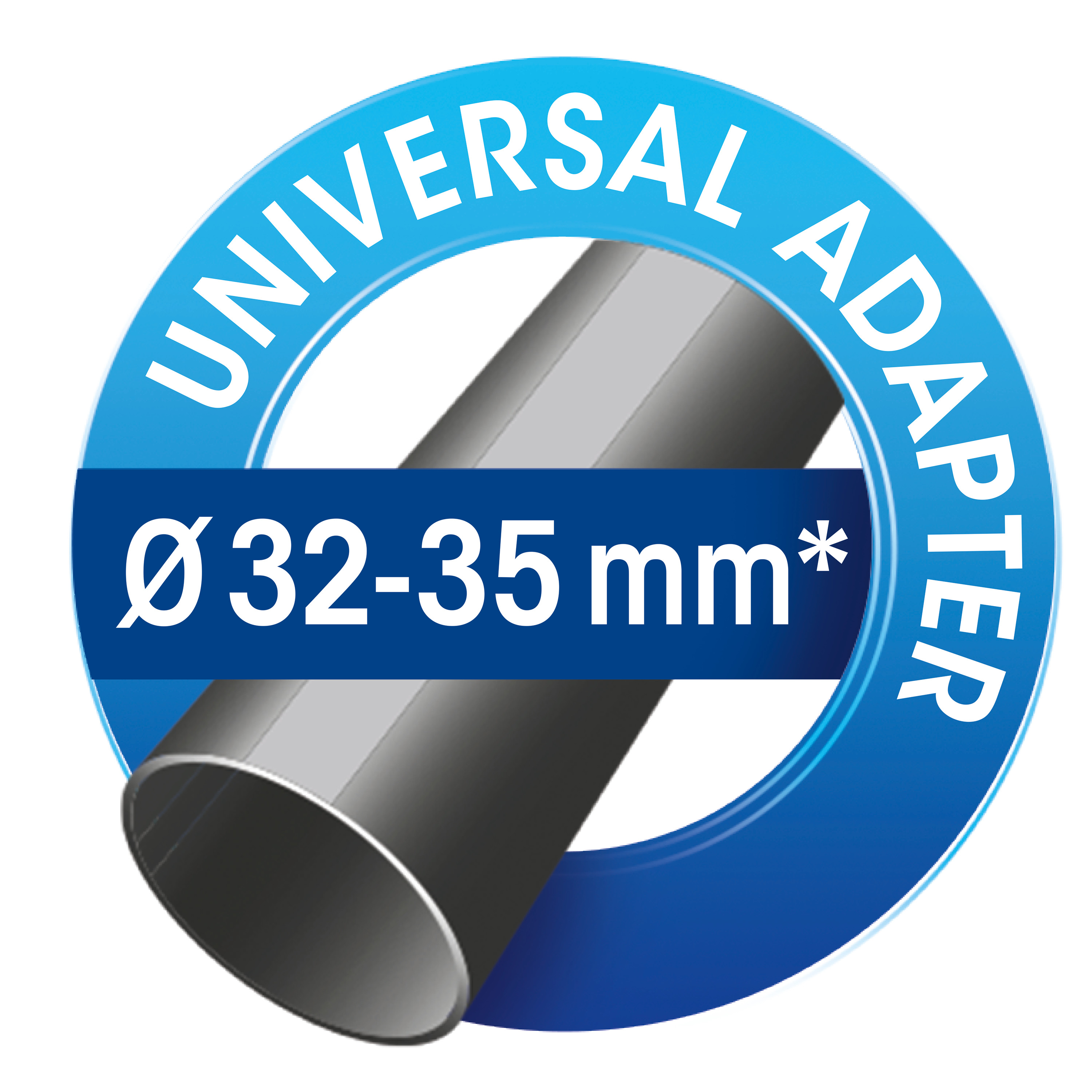 Ein blau-weißer Universaladapter mit Text und einem silbernen Rohr auf weißem Grund.