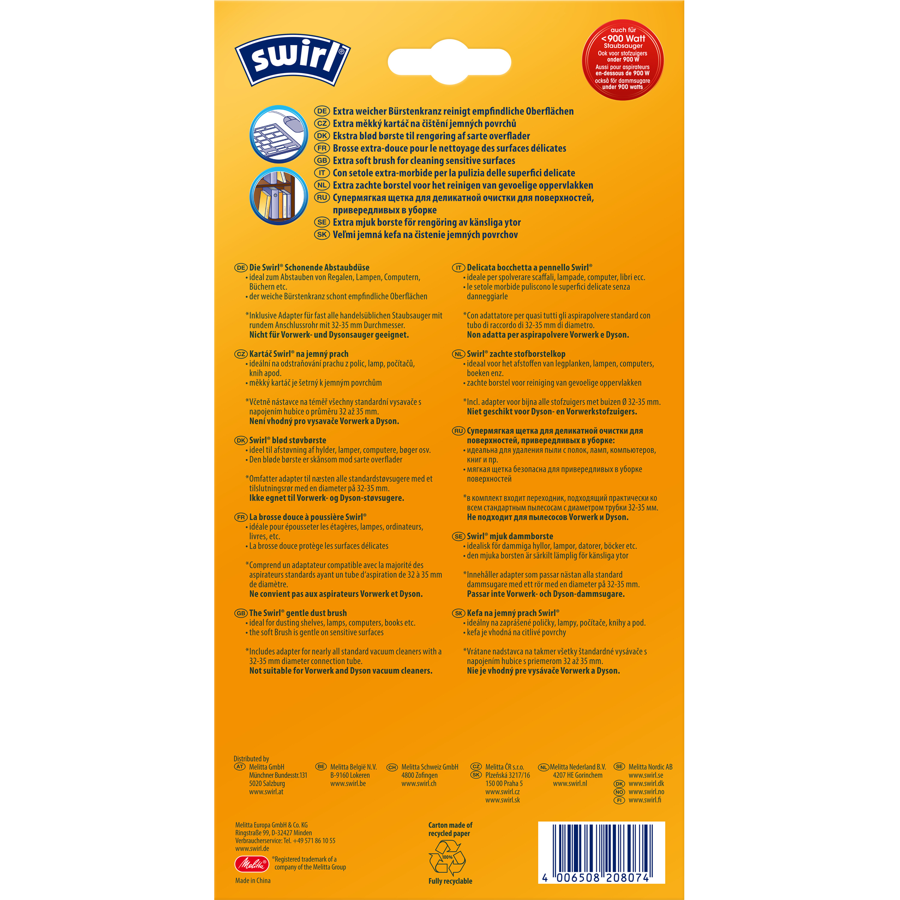 Produktverpackung von Swirl mit Text. Weißer und gelber Hintergrund.