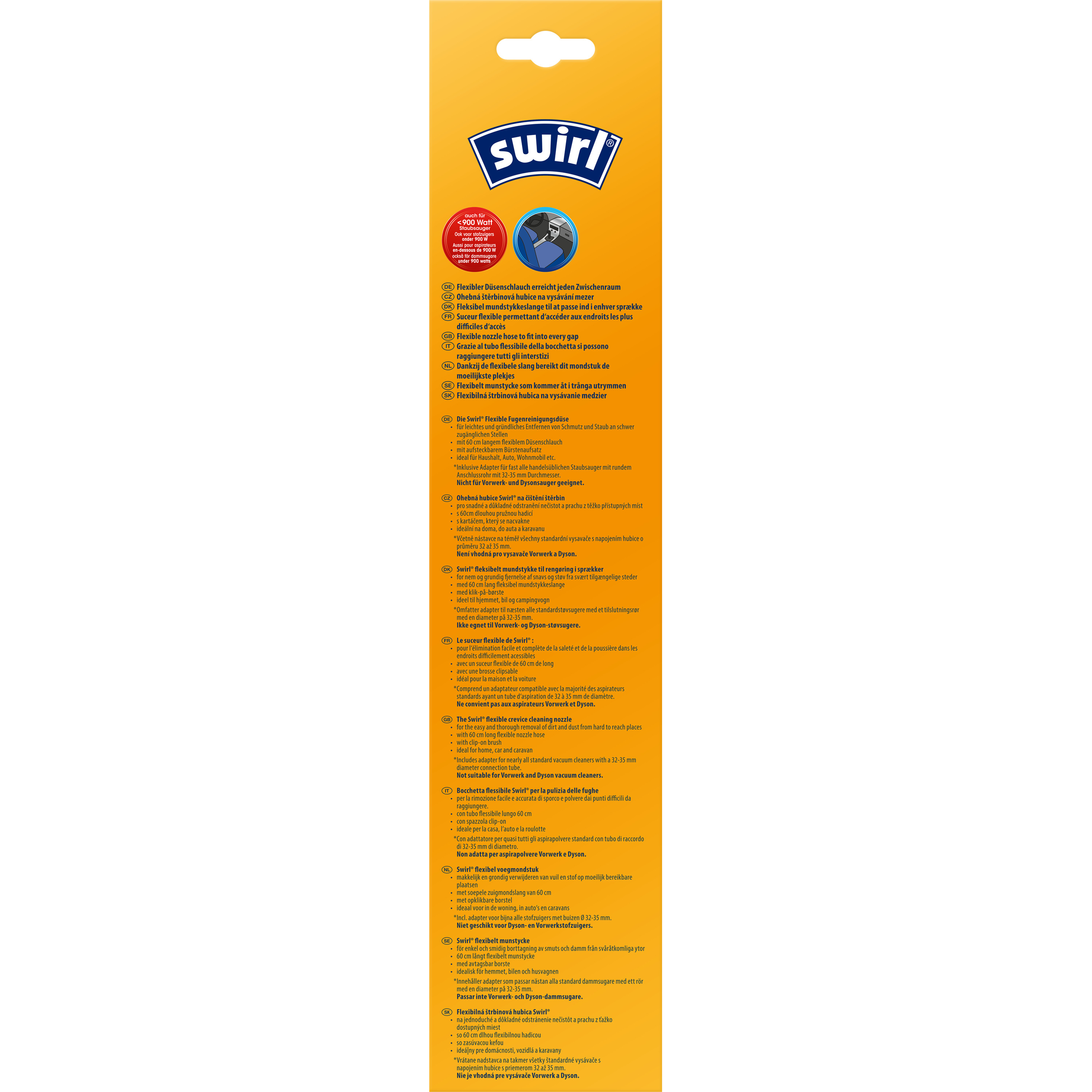 Die Rückseite einer Swirl Airfilter Universal Box mit Text und Bildern.