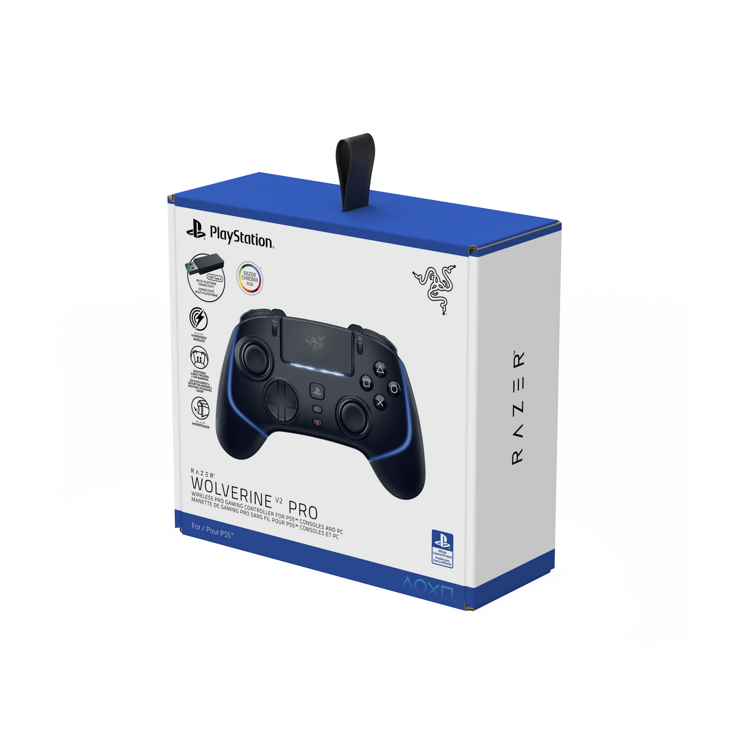 Pudełko kontrolera Razer Wolverine V2 Pro, z kontrolerem i informacjami o grze.