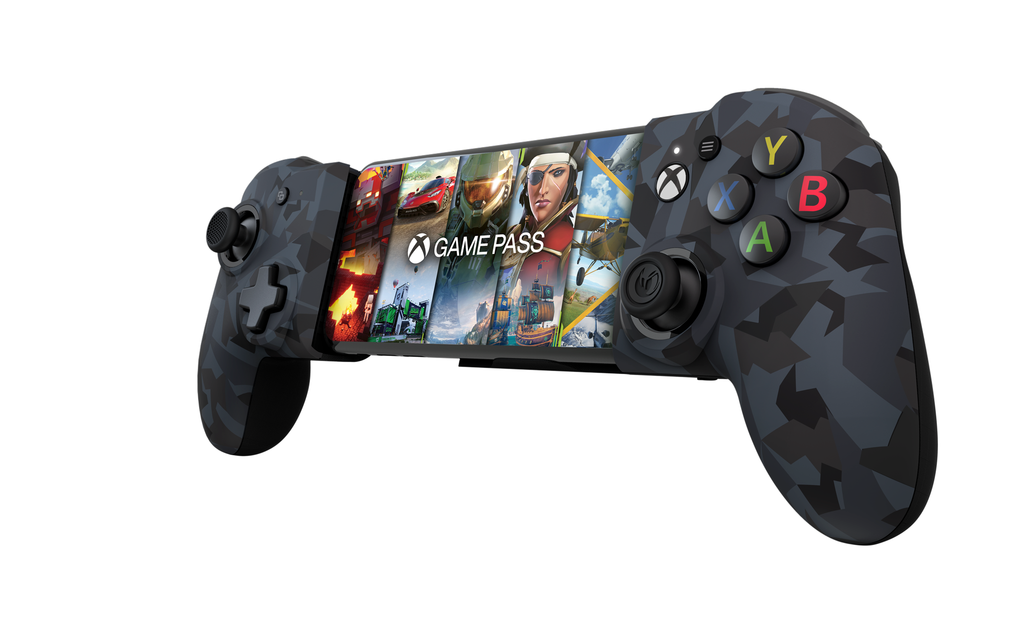 Un controller con motivo mimetico con un telefono che mostra un videogioco, su nero.