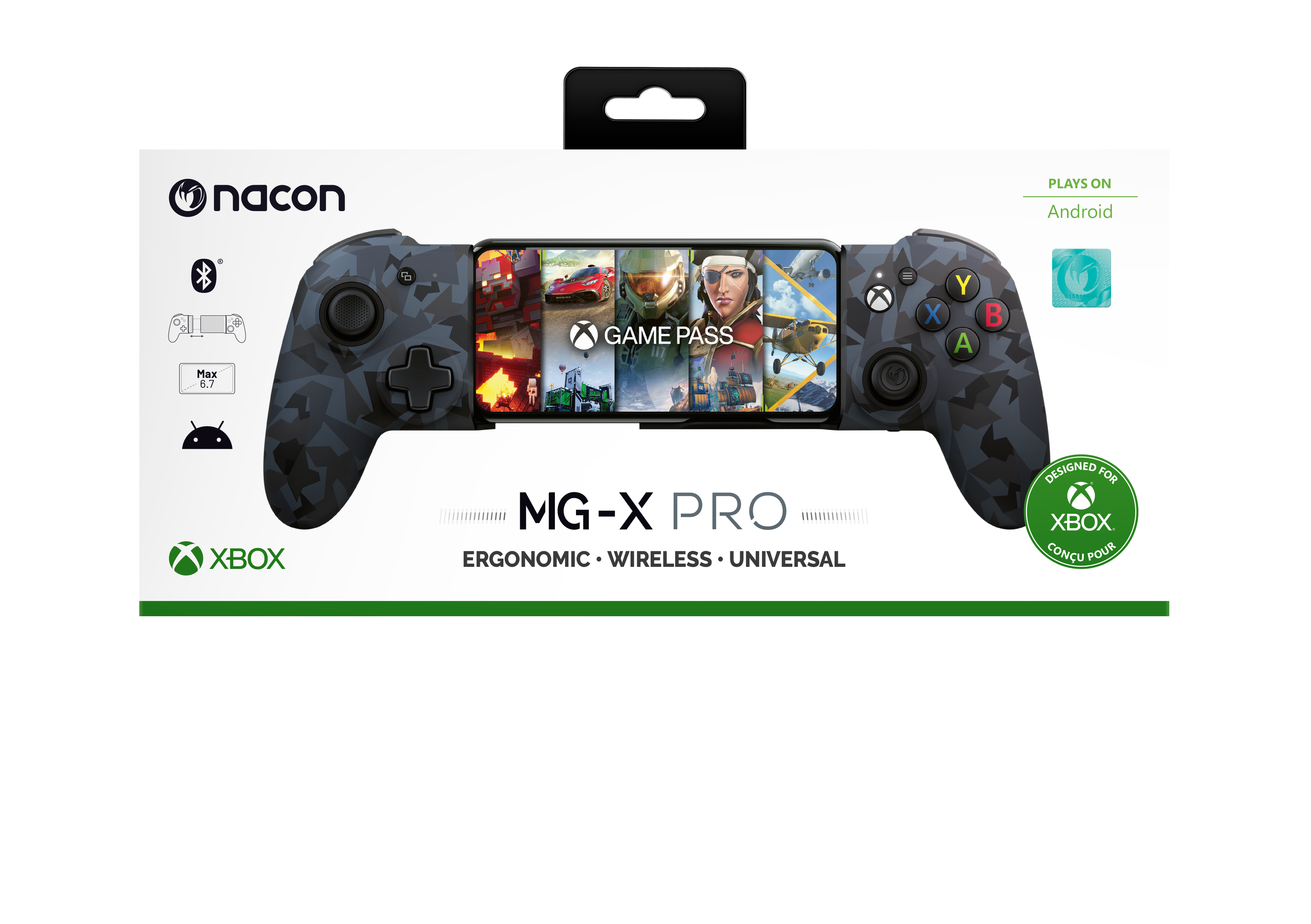Scatola del controller di gioco, design nero e mimetico. La scatola mostra un controller.