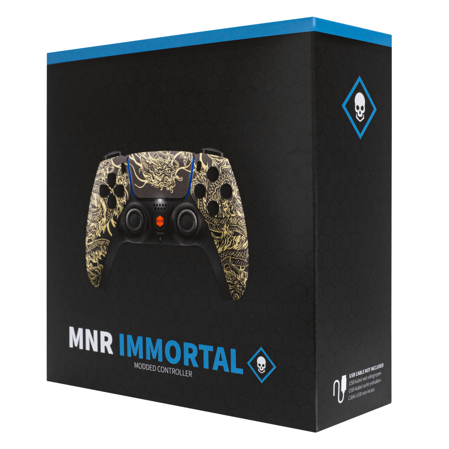 Scatola nera con design di controller a drago dorato. La scatola dice 'MNR IMMORTAL' e presenta un teschio.