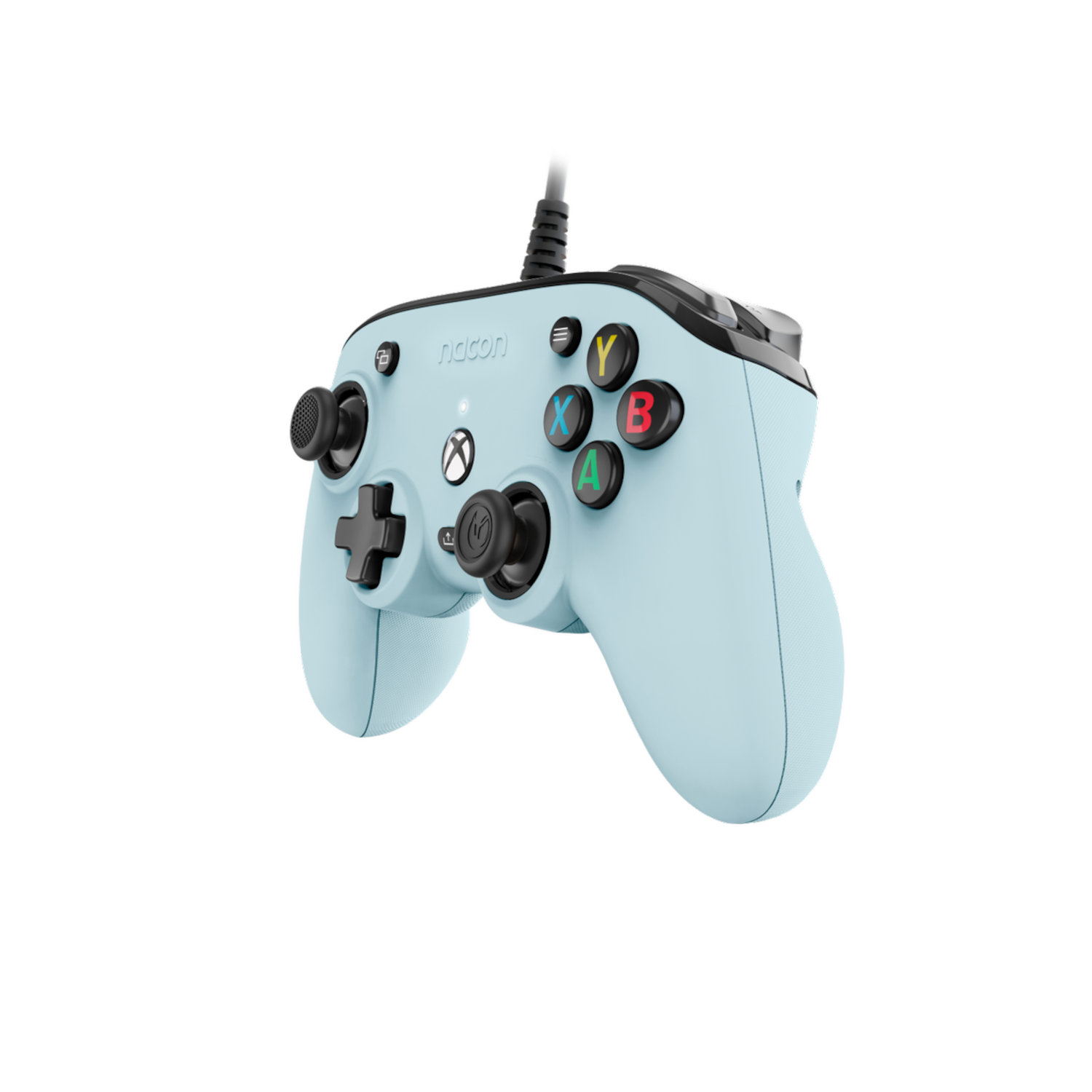 Jasnoniebieski kontroler do gier Nacon z czarnymi detalami i czarnym kablem.