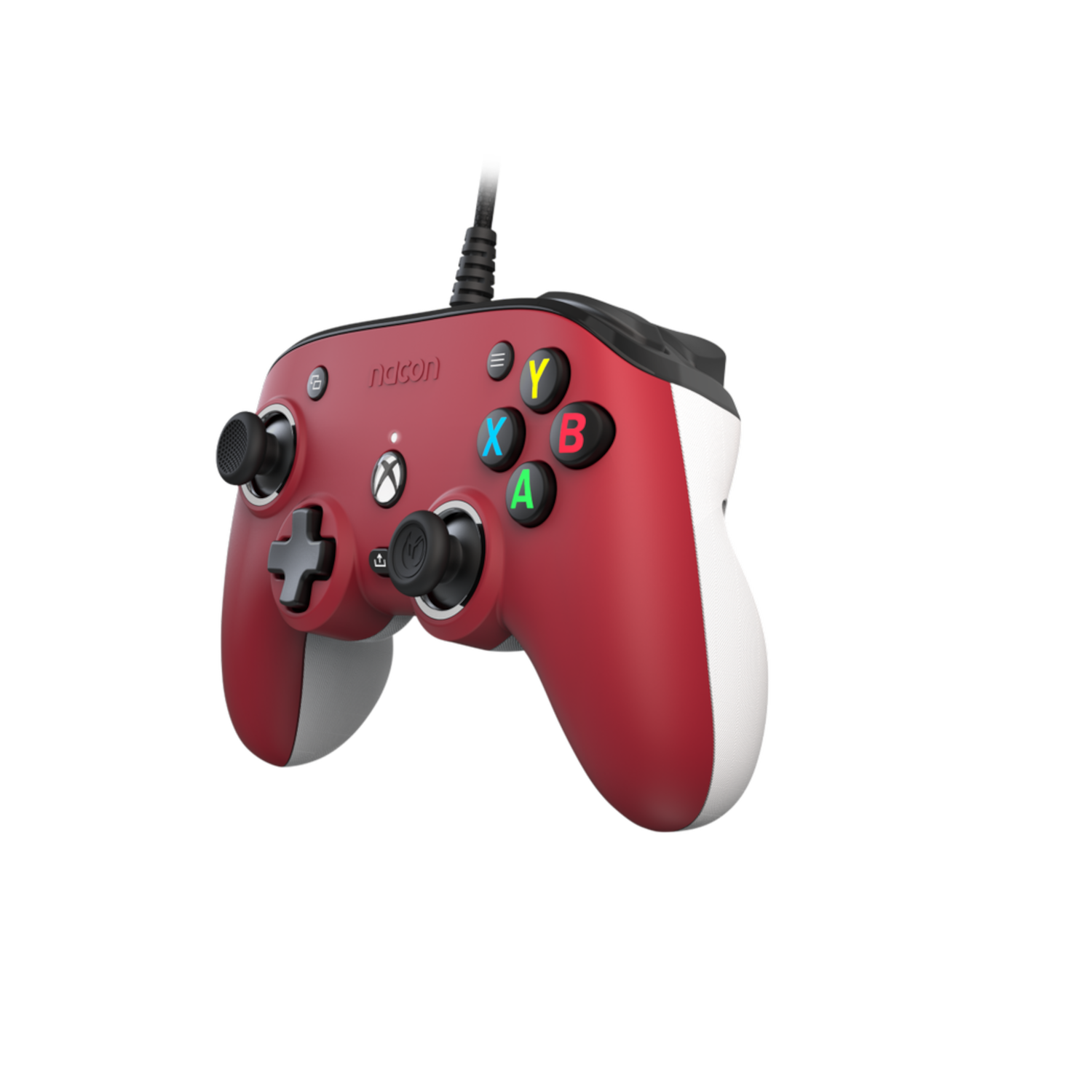 Czerwono-biały gamepad z kolorowymi przyciskami. Posiada dołączony czarny kabel.