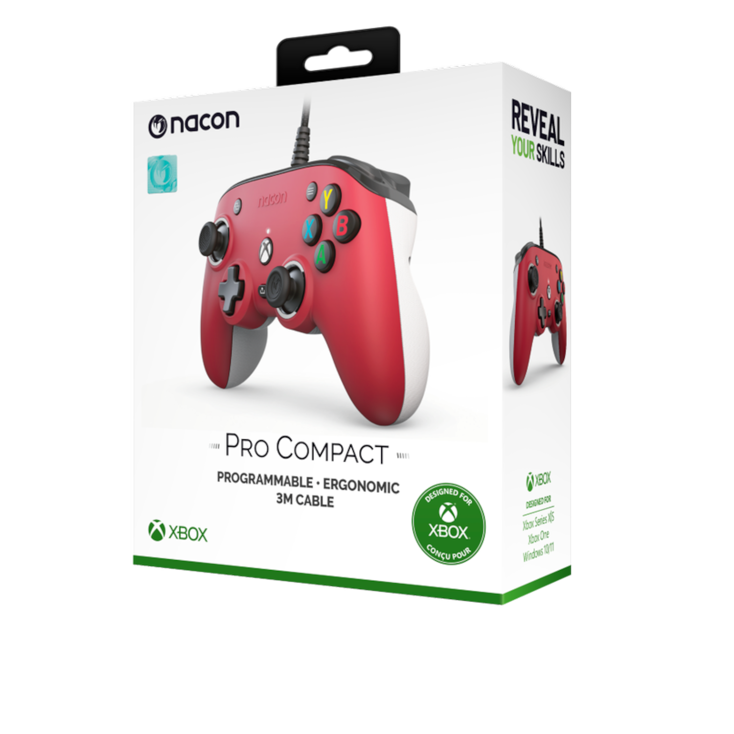Czerwono-biały kontroler Xbox w pudełku. Białe tło. Tekst: Pro Compact, logo Xbox.
