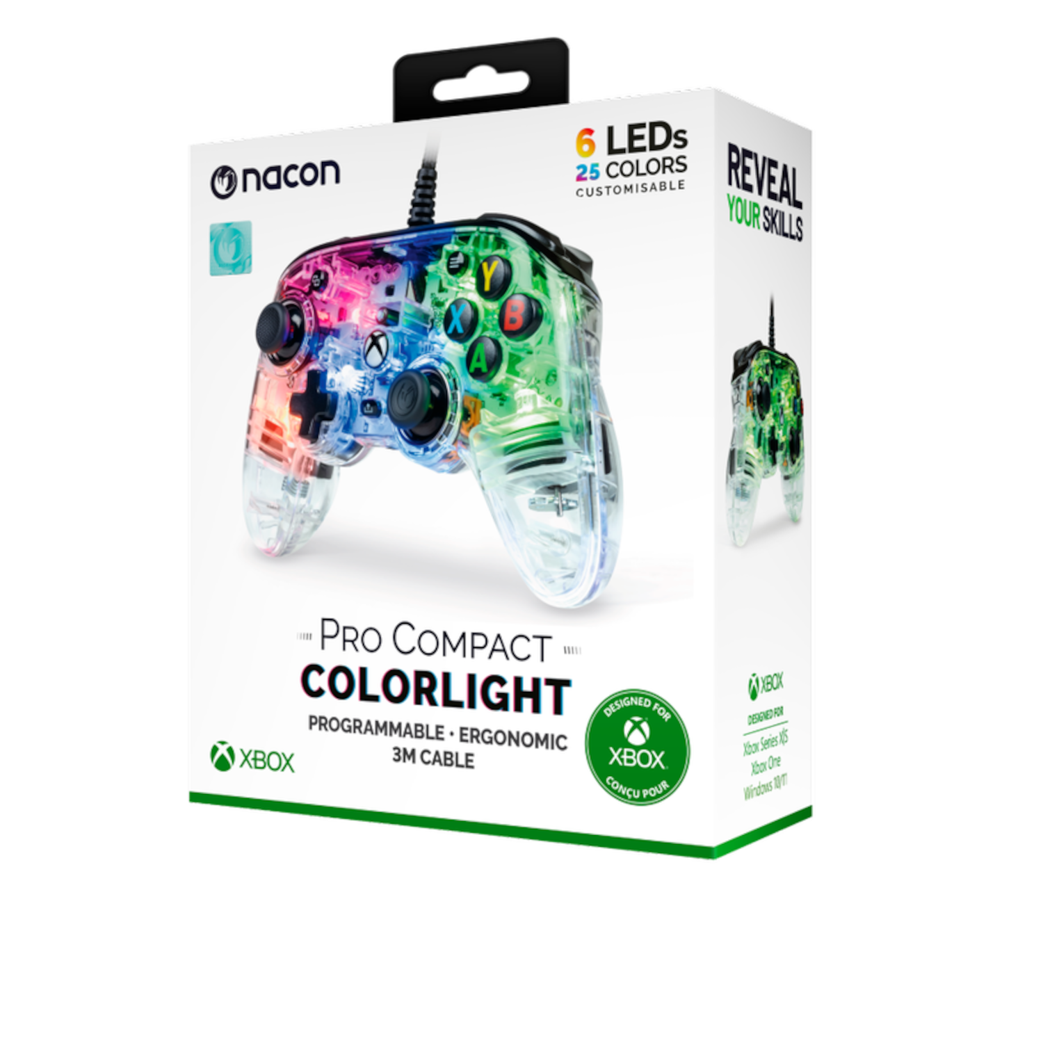 Kolorowy kontroler Xbox w pudełku z kluczowymi funkcjami i logo Xbox.