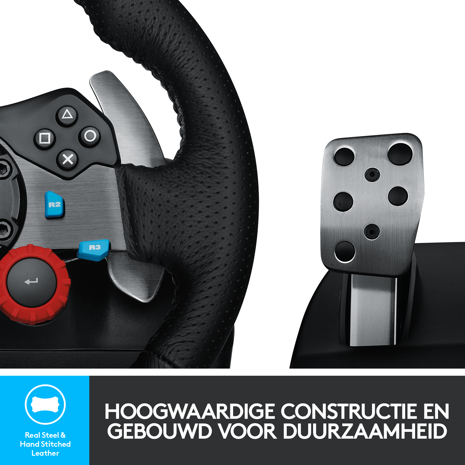 Gaming-Lenkrad mit schwarzem perforiertem Leder, Metallwippen und rotem Drehknopf.