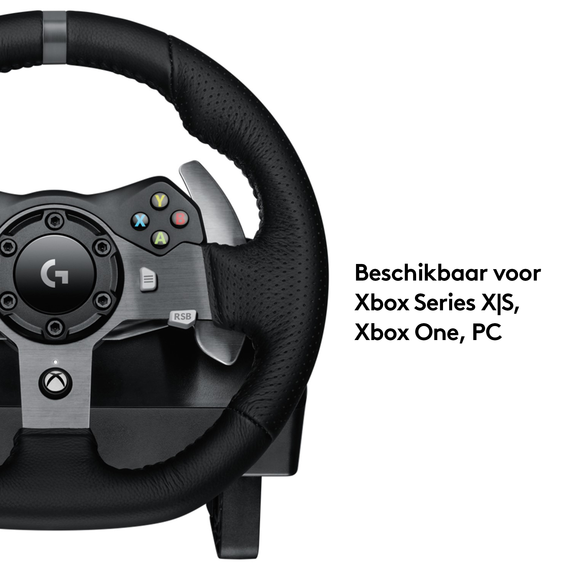 Schwarzes Lenkrad mit Knöpfen und Text, rechts Text: 'Verfügbar für Xbox Series X|S...'