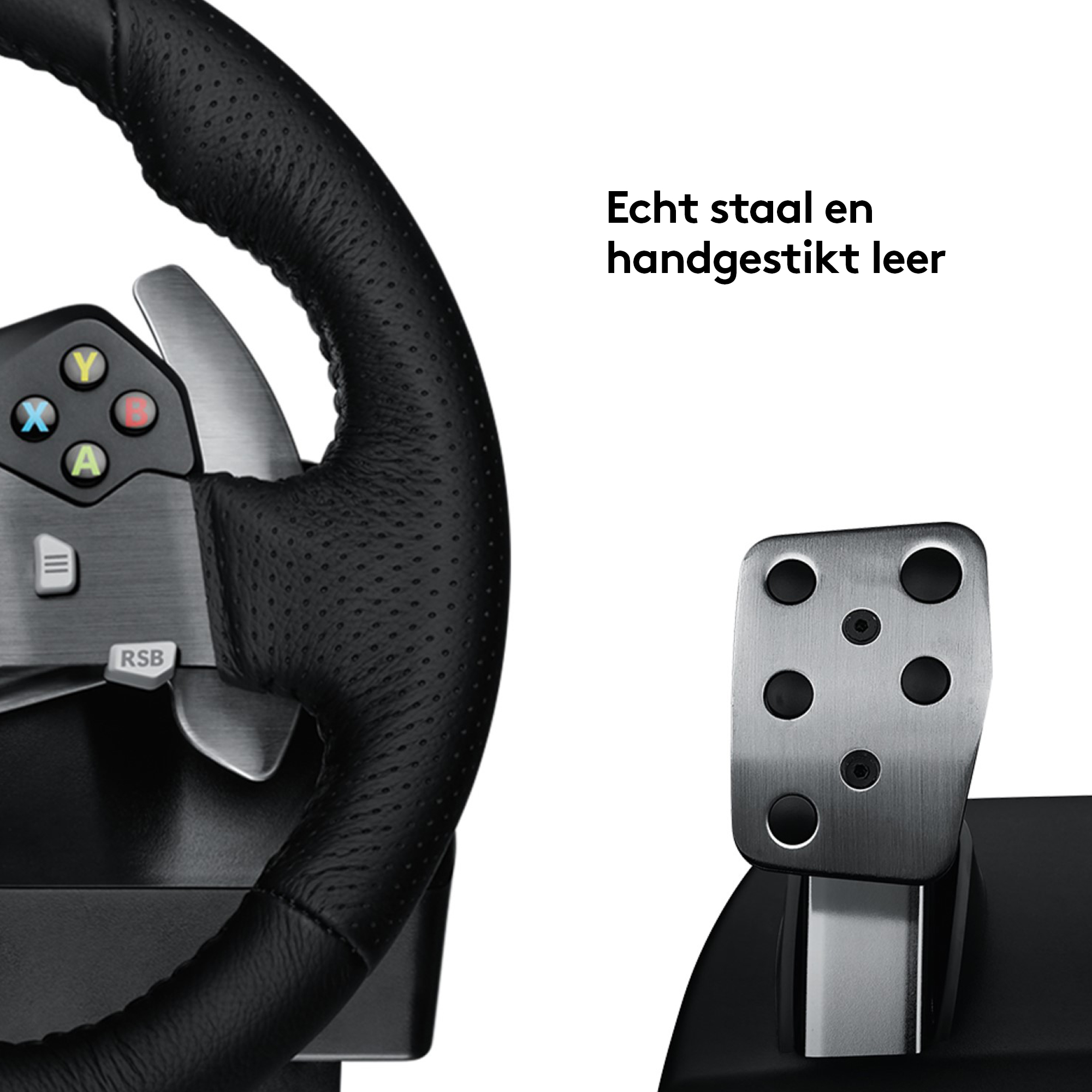 Gaming-Lenkrad und Pedale mit Text 'Echter Stahl und handgenähtes Leder'.