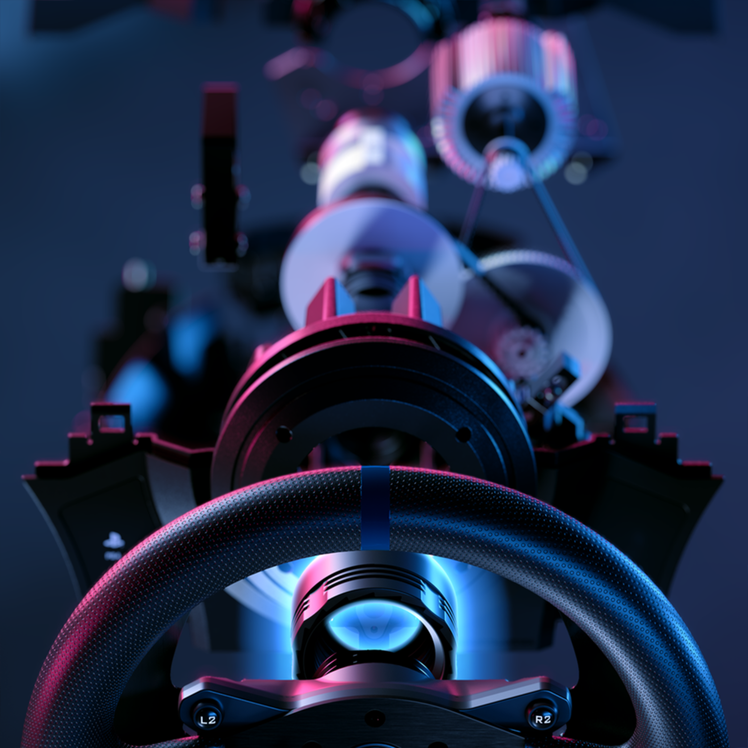 Close-up van een gaming stuurwiel met zichtbare interne mechanismen.