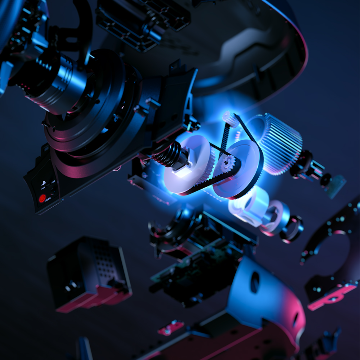 Exploded view van een gaming stuurwiel met interne componenten en tandwielen, met blauw licht.