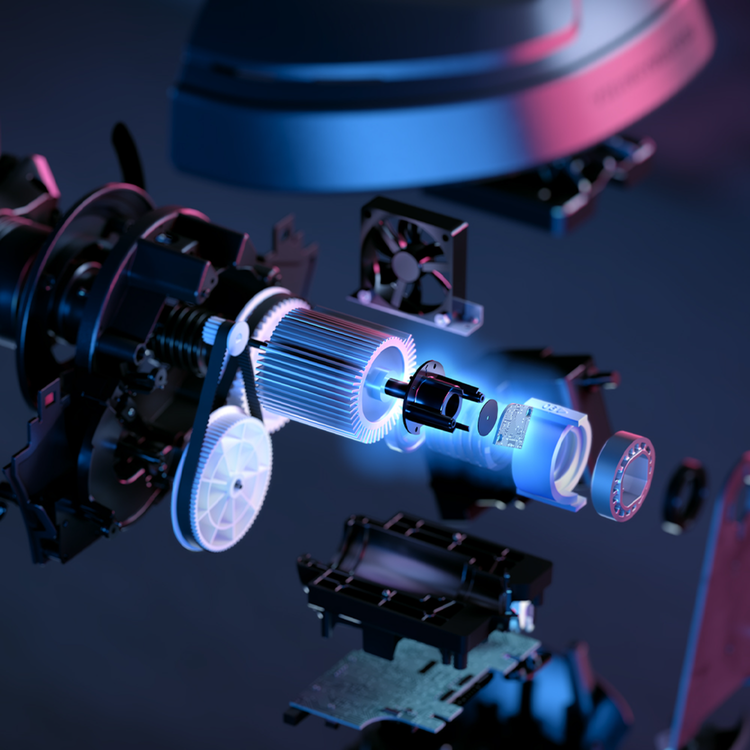 Exploded view van een tondeuse. De interne componenten zijn verlicht met blauw en roze licht.