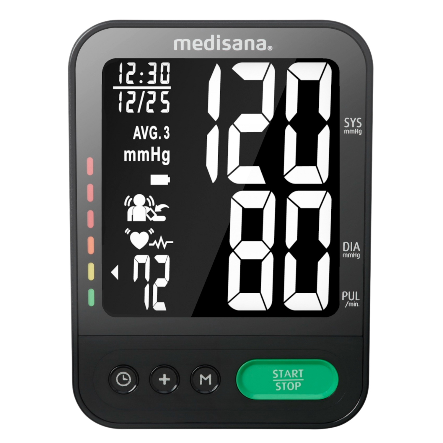 Czarny monitor ciśnienia krwi z cyfrowym wyświetlaczem. Pokazuje czas, datę i odczyty ciśnienia.