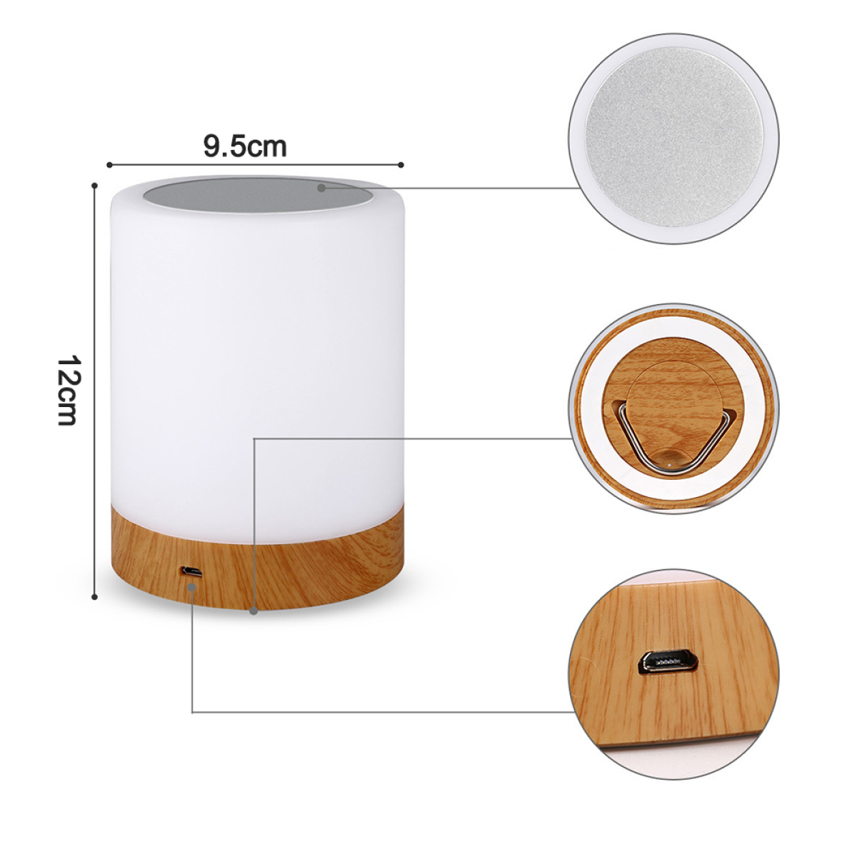 Eine weiße und holzfarbene Lampe mit Abmessungen. Details umfassen einen Ladeanschluss und Top-Detail.
