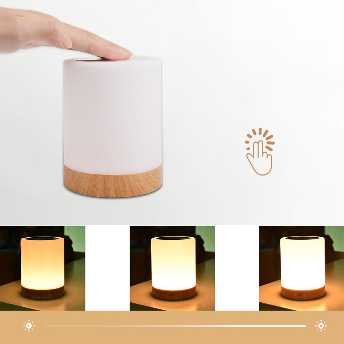 Weiße Lampe mit Holzsockel, von einem Finger berührt. Illustrationen zeigen verschiedene Lichtstärken und eine Dimm-Skala.