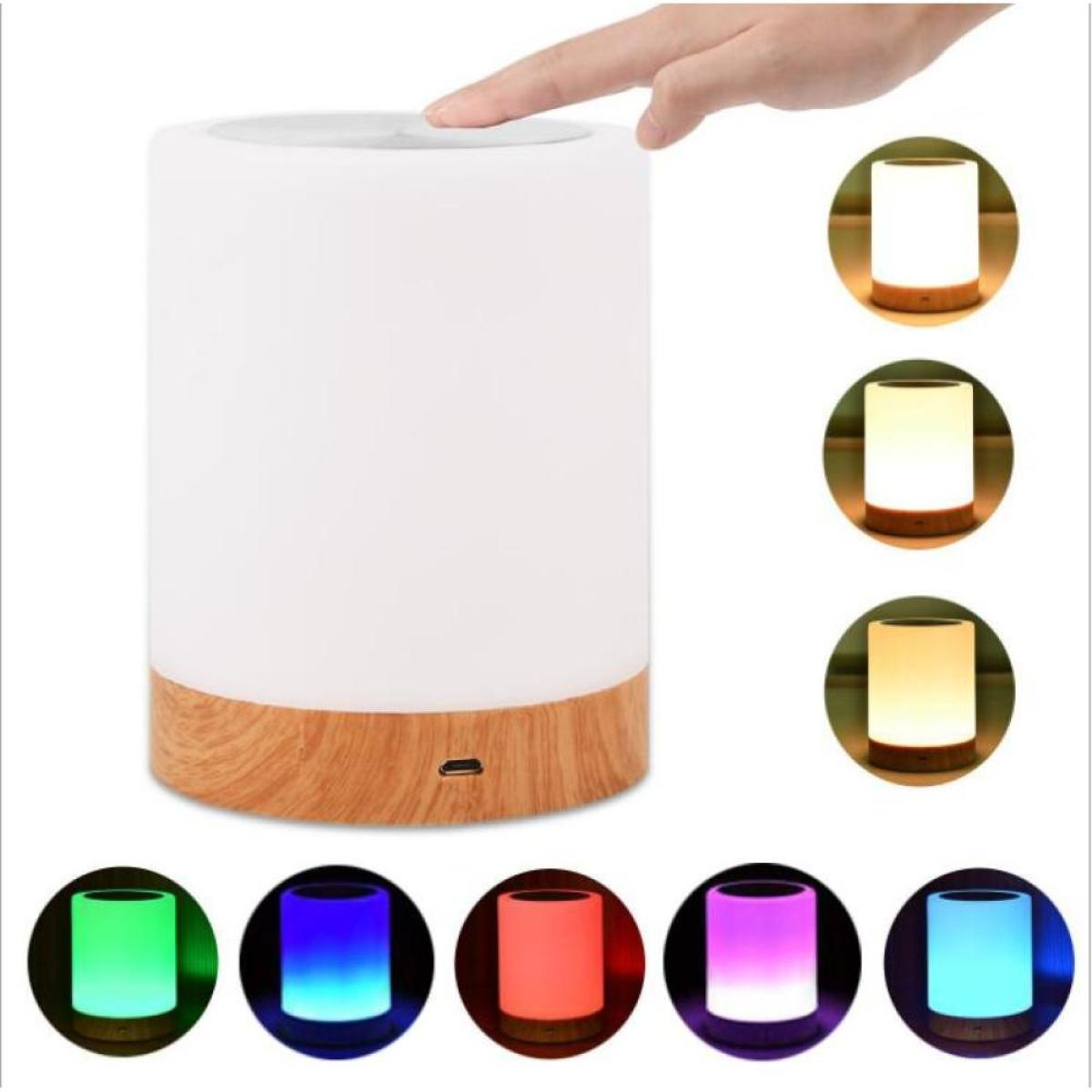 Weiße Lampe mit Holzfuß und Touch-Steuerung. Mehrere Farboptionen sind sichtbar.