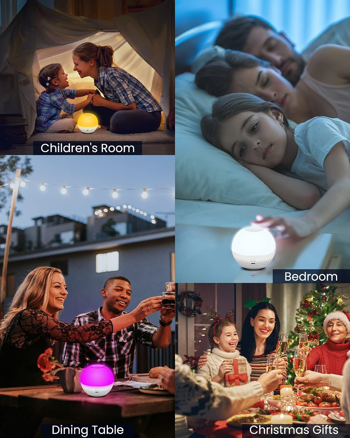 Collage, das ein Licht in verschiedenen Umgebungen zeigt: Kinderzimmer, Schlafzimmer, Esstisch und Weihnachtsgeschenke.