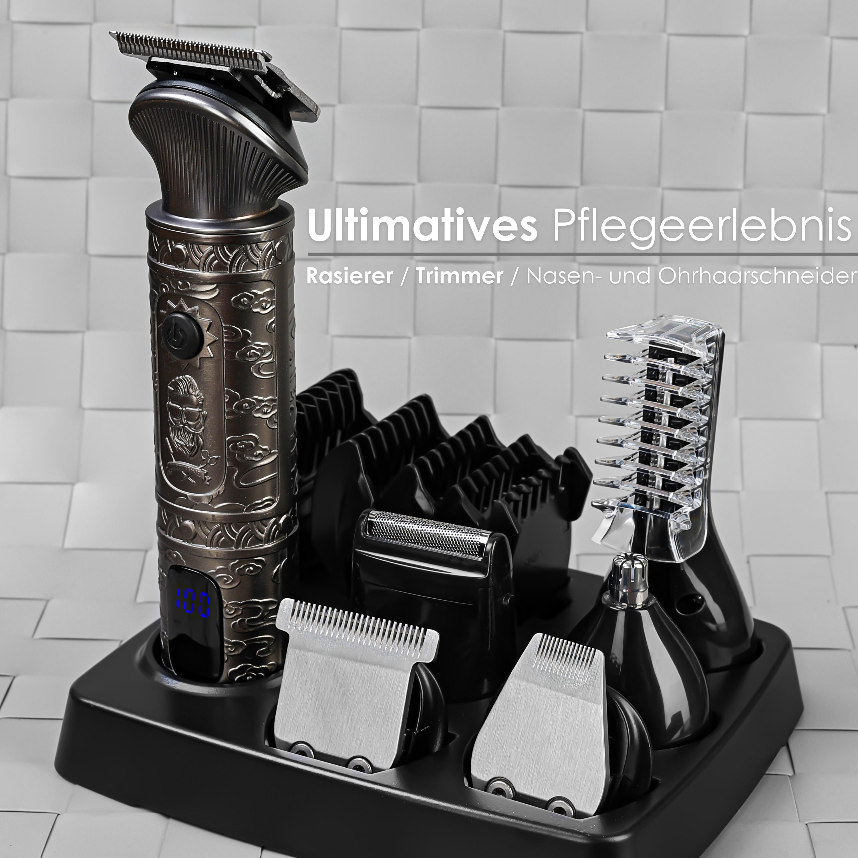Zestaw trymerów do włosów z wieloma nasadkami na czarnym stojaku. Tekst: 'Ultimatives Pflegeerlebnis'.