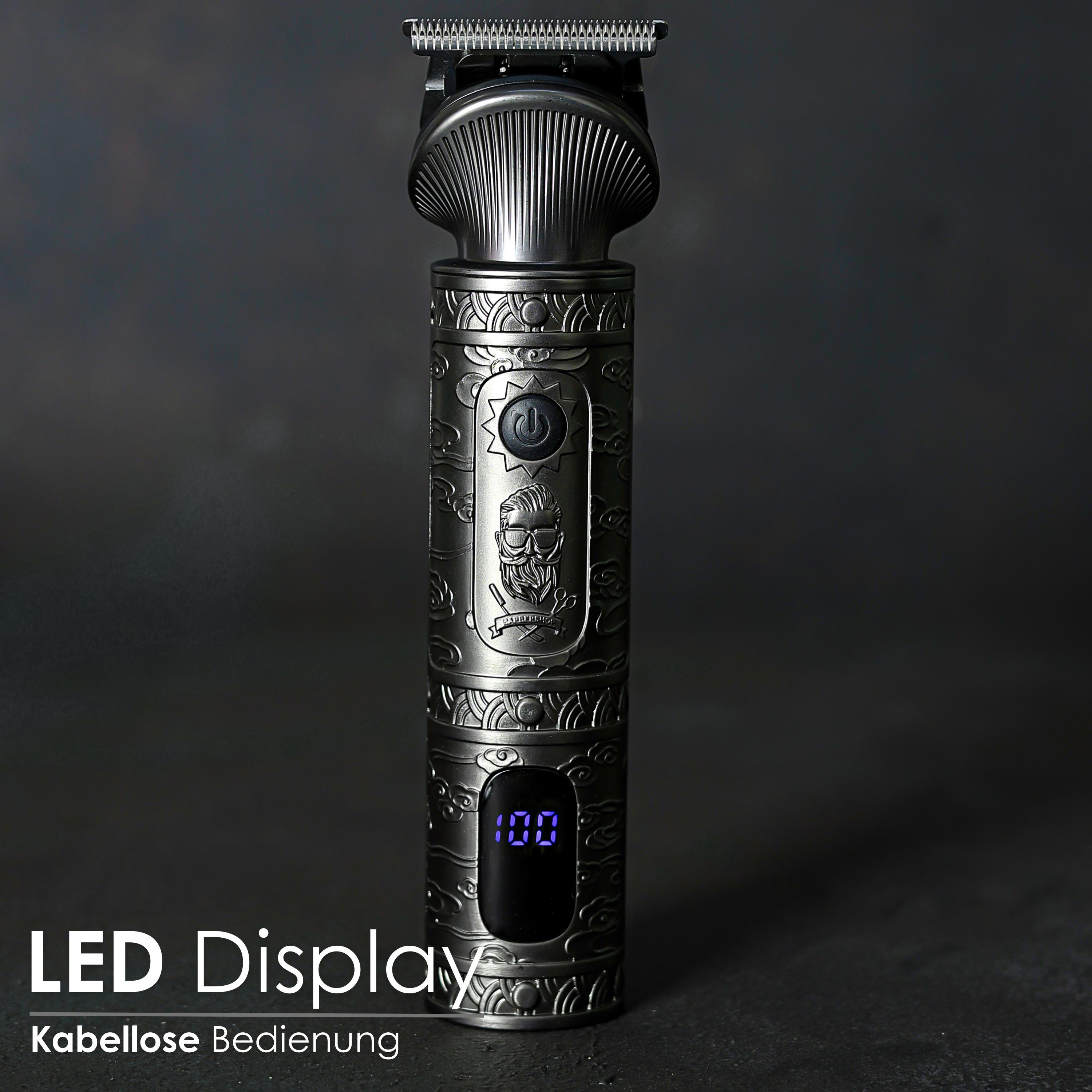 Ciemnoszara maszynka do włosów z wyświetlaczem LED. Tekst: 'Wyświetlacz LED'.