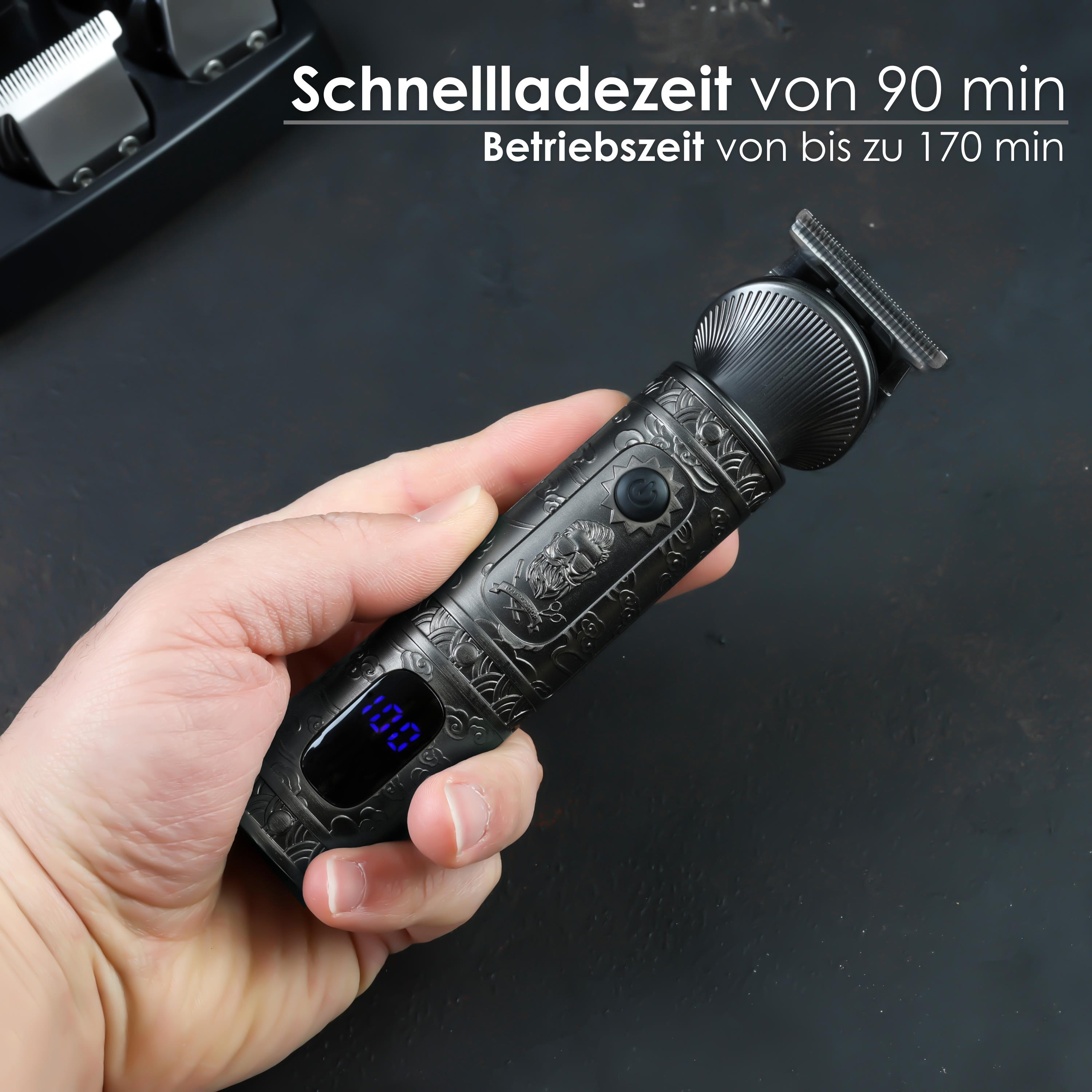 Dłoń trzymająca czarno-szarą maszynkę do strzyżenia włosów. Posiada wyświetlacz, który pokazuje poziom naładowania baterii.