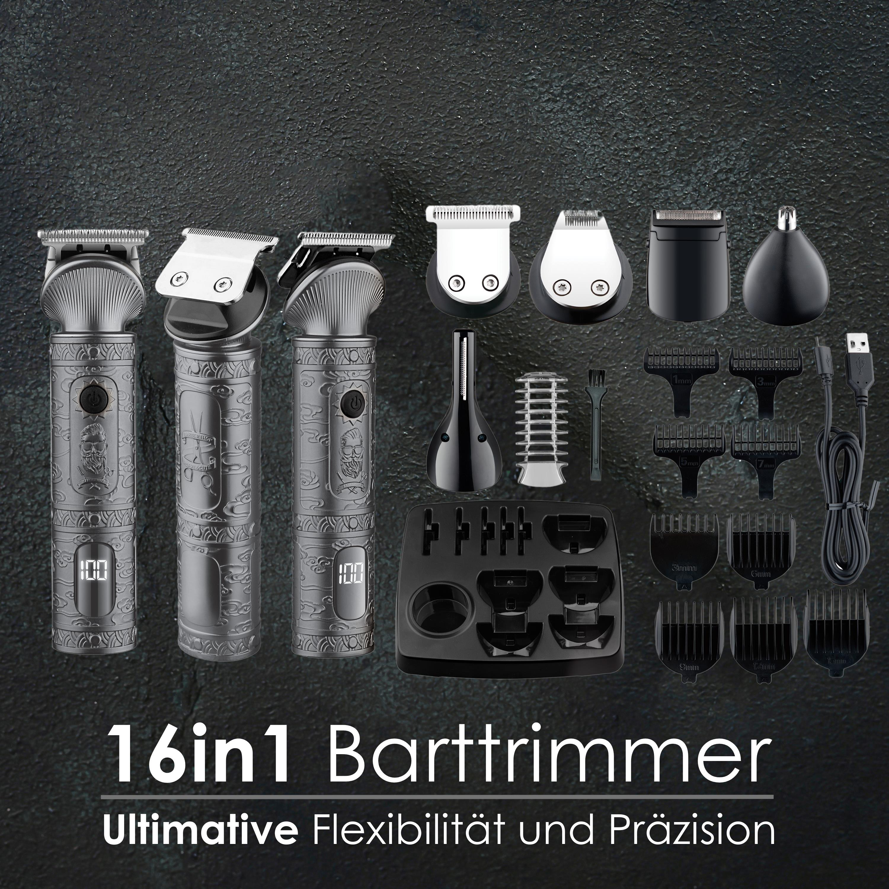 Zestaw 16 w 1 męskich narzędzi do pielęgnacji, w tym trymerów i nasadek.