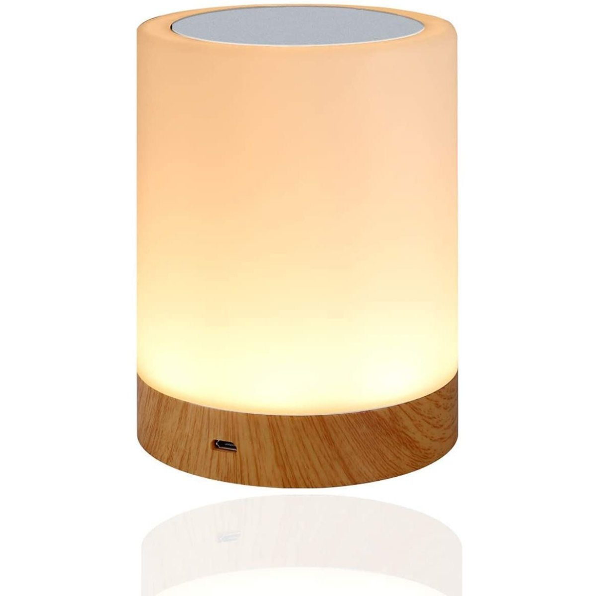 Zylindrische Tischlampe mit Holzfuß und leuchtendem Licht. Weißes, satiniertes Glas und Holz.