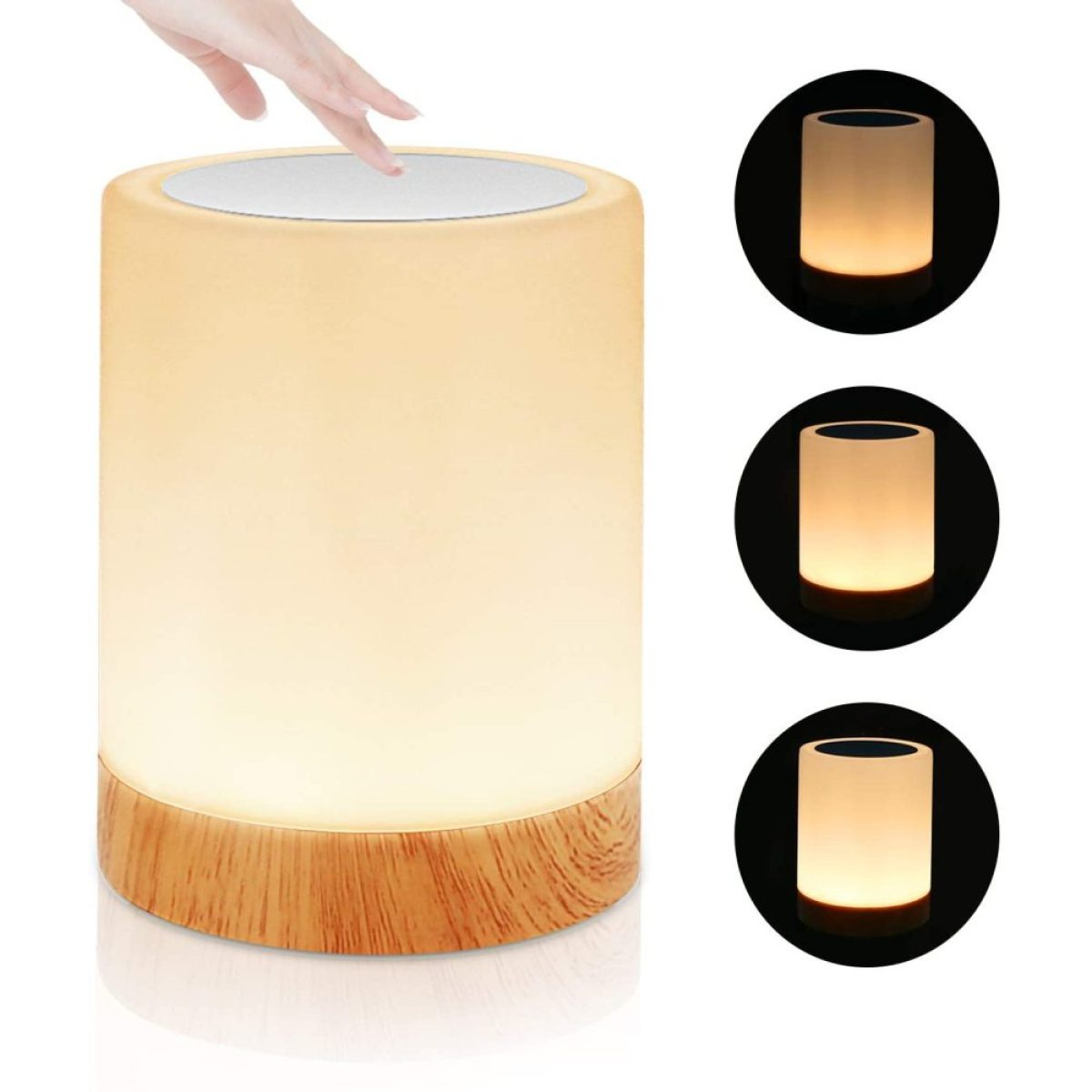 Berührungsempfindliche Lampe mit Holzsockel. Drei Lichteinstellungen sind dargestellt.
