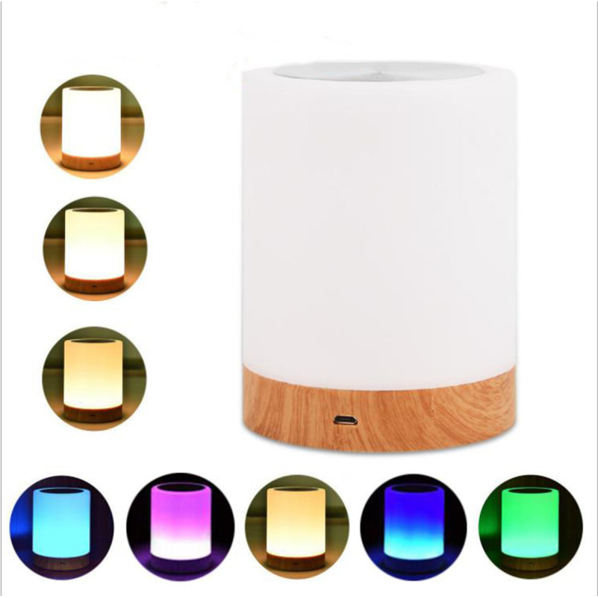 Eine weiße und holzfarbene Touch-Lampe mit mehreren Farboptionen in kleinen Kreisen.
