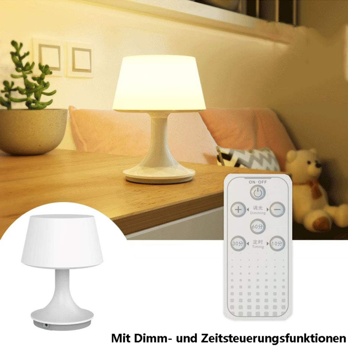 Tischlampe und Fernbedienung mit Dimm- und Zeitsteuerungsfunktionen.