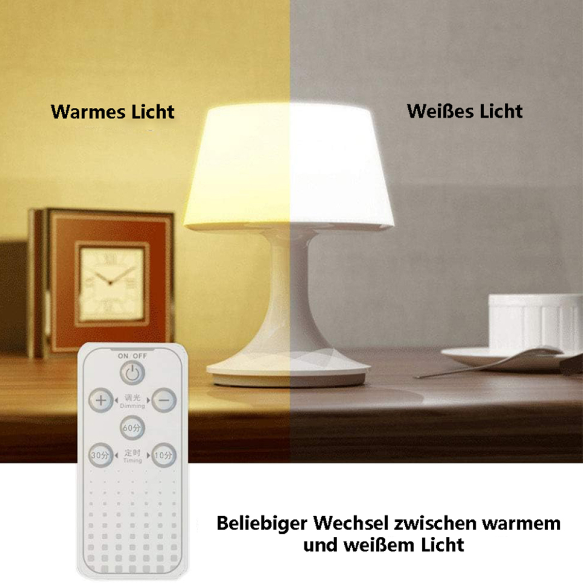 Eine Lampe, die warme und weiße Lichtoptionen zeigt. Eine Fernbedienung befindet sich darunter.