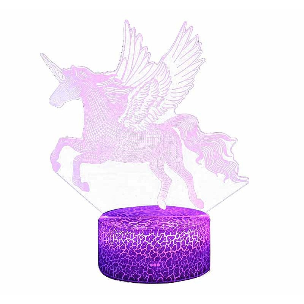 Ein Neon-Einhorn-Licht auf lila Basis. Es hat Flügel und ein Horn.