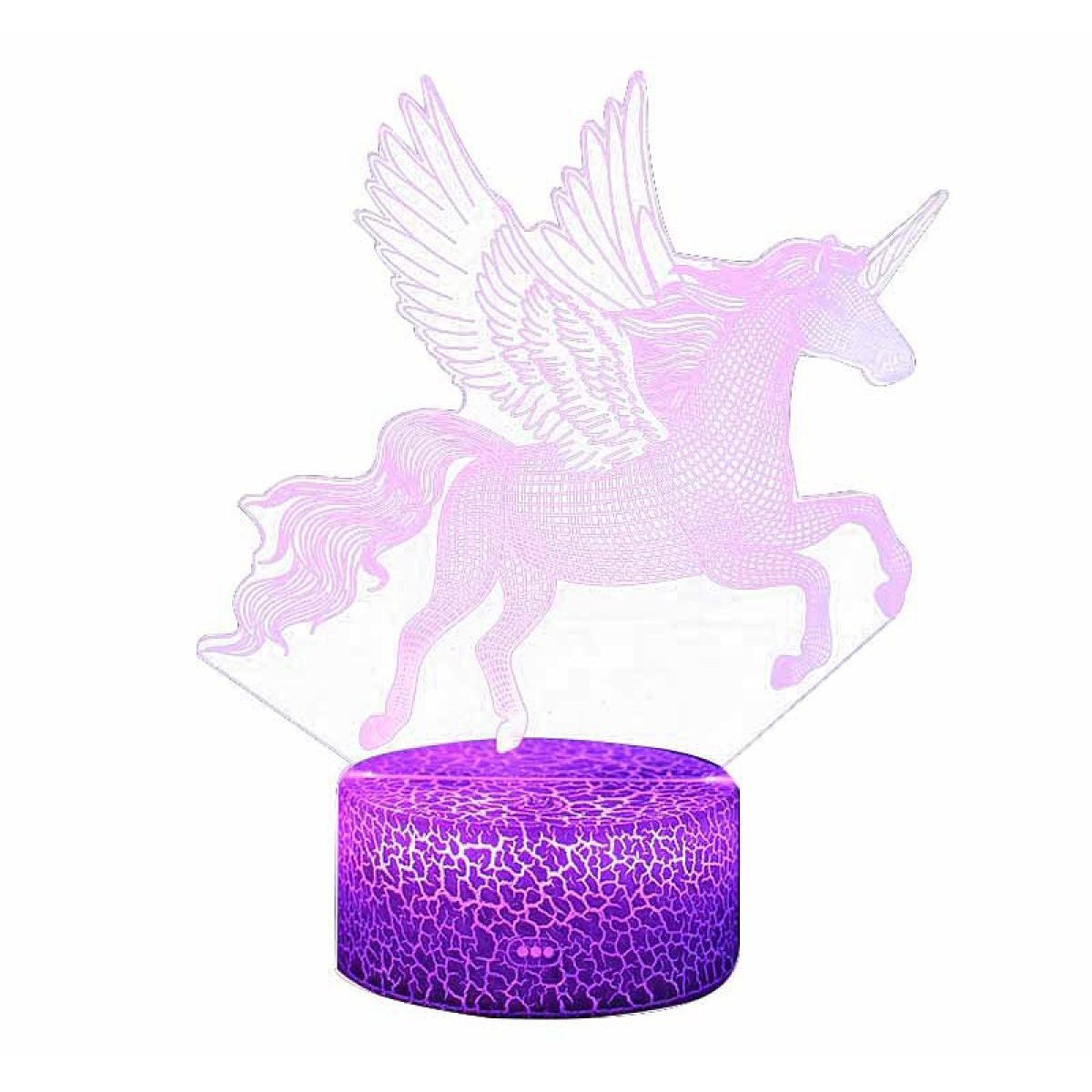 Eine leuchtende Einhorn-Lampe mit Flügeln, auf einem strukturierten lila Sockel, vor weißem Hintergrund.