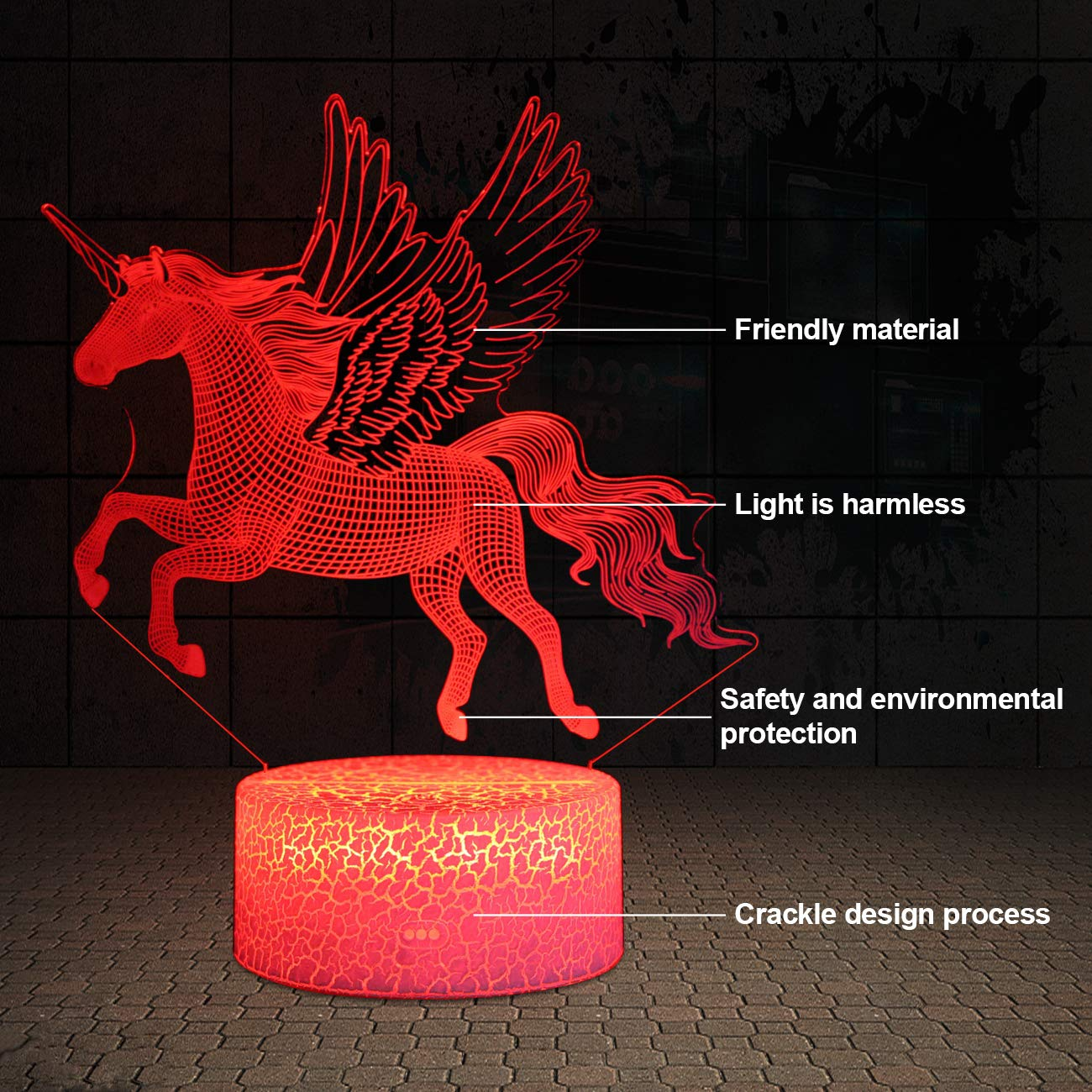 Rote Einhornlampe mit Flügeln auf rissiger Basis. Textkennzeichnungen weisen auf Merkmale hin.