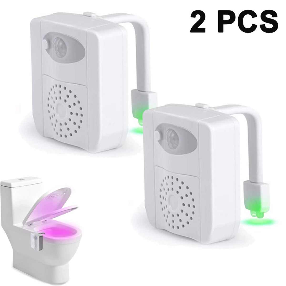 Zwei weiße Toiletten-Nachtlichter. Zwei weiße Toiletten-Nachtlichter mit einer Toilette im Hintergrund.