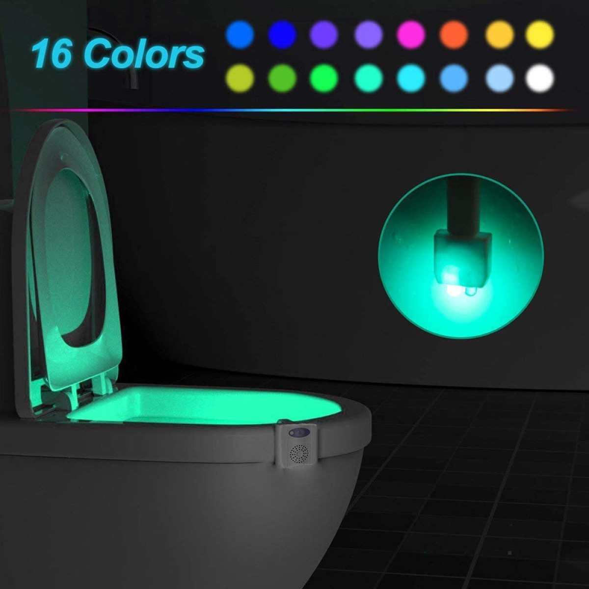 Eine leuchtende Toilette mit 16 Farboptionen. Der Toilettensitz ist oben, das Licht ist grün.